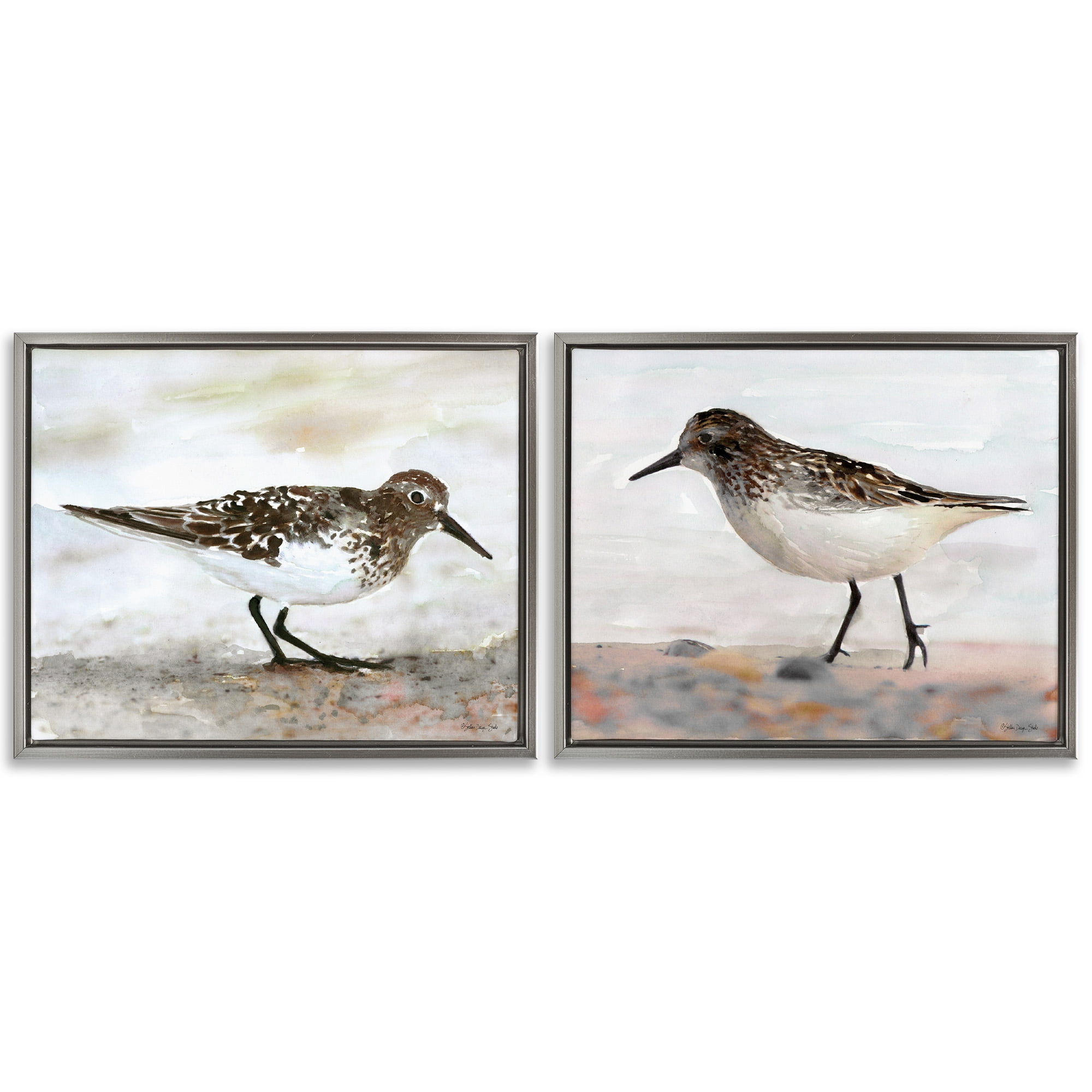 Stupell Industries Sandpipers on Coast Nautical Beach Animals & Insects Painting Gray Floater Framed Canvas Art Print Wall Art, 31 x 25, Set of 2