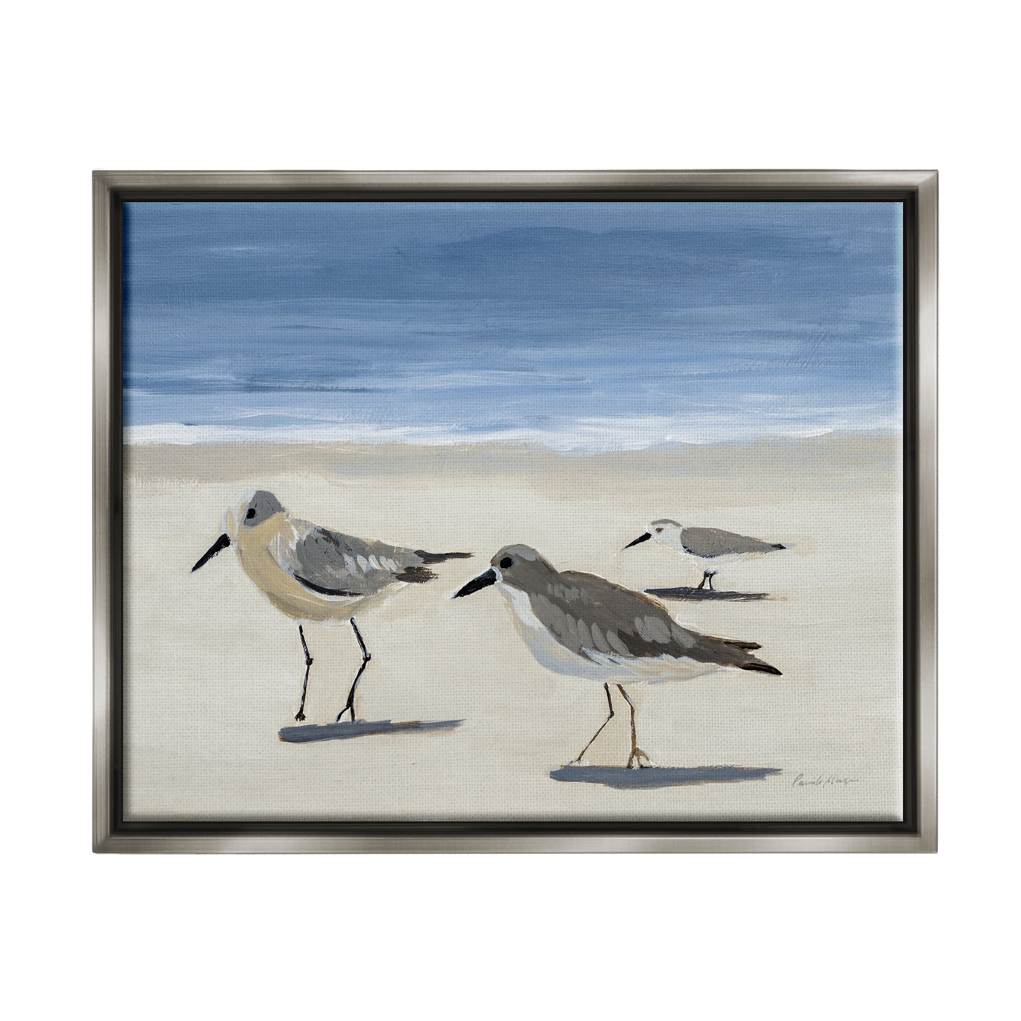 Stupell Industries Sandpipers on Shore Painting Animals & Insects Painting Gray Floater Framed Art Print Wall Art, 21 x 17
