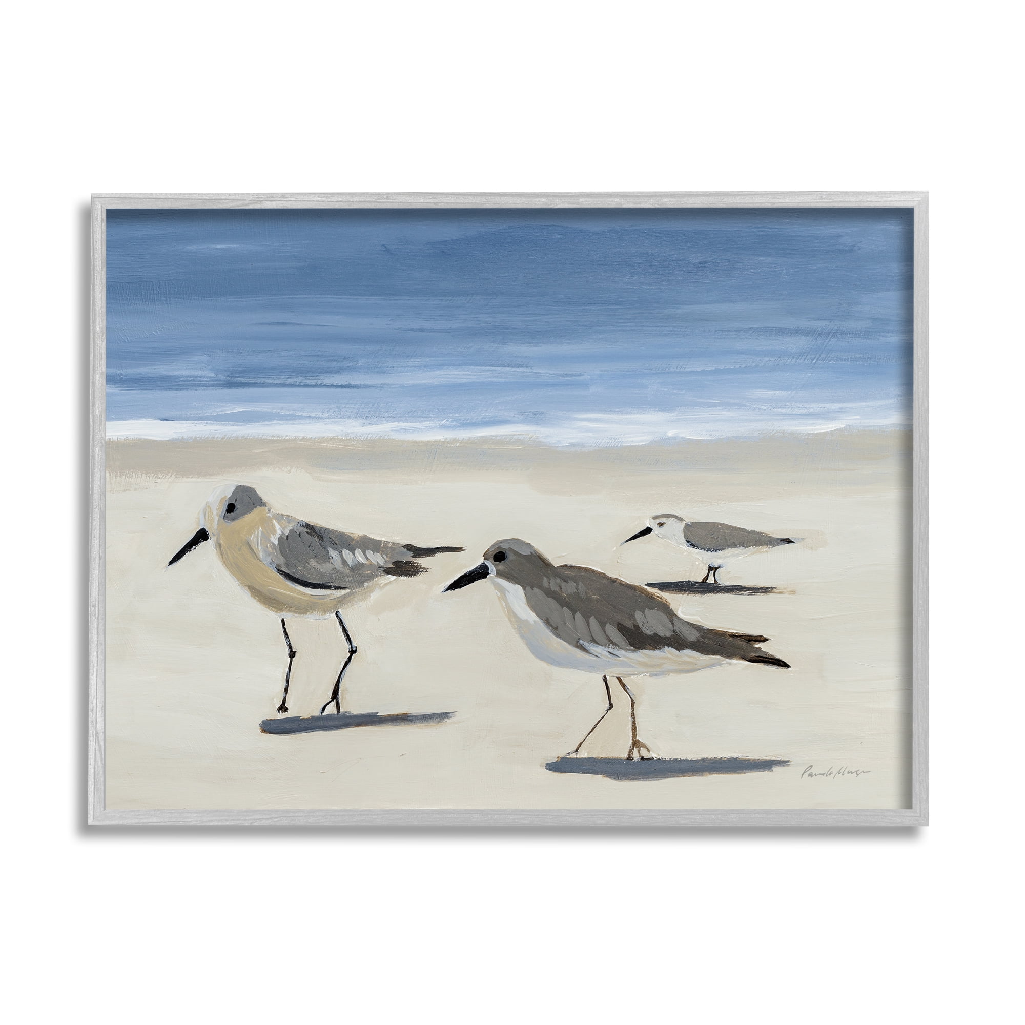 Stupell Industries Sandpipers on Shore Painting Animals & Insects Painting Gray Framed Art Print Wall Art, 14 x 11