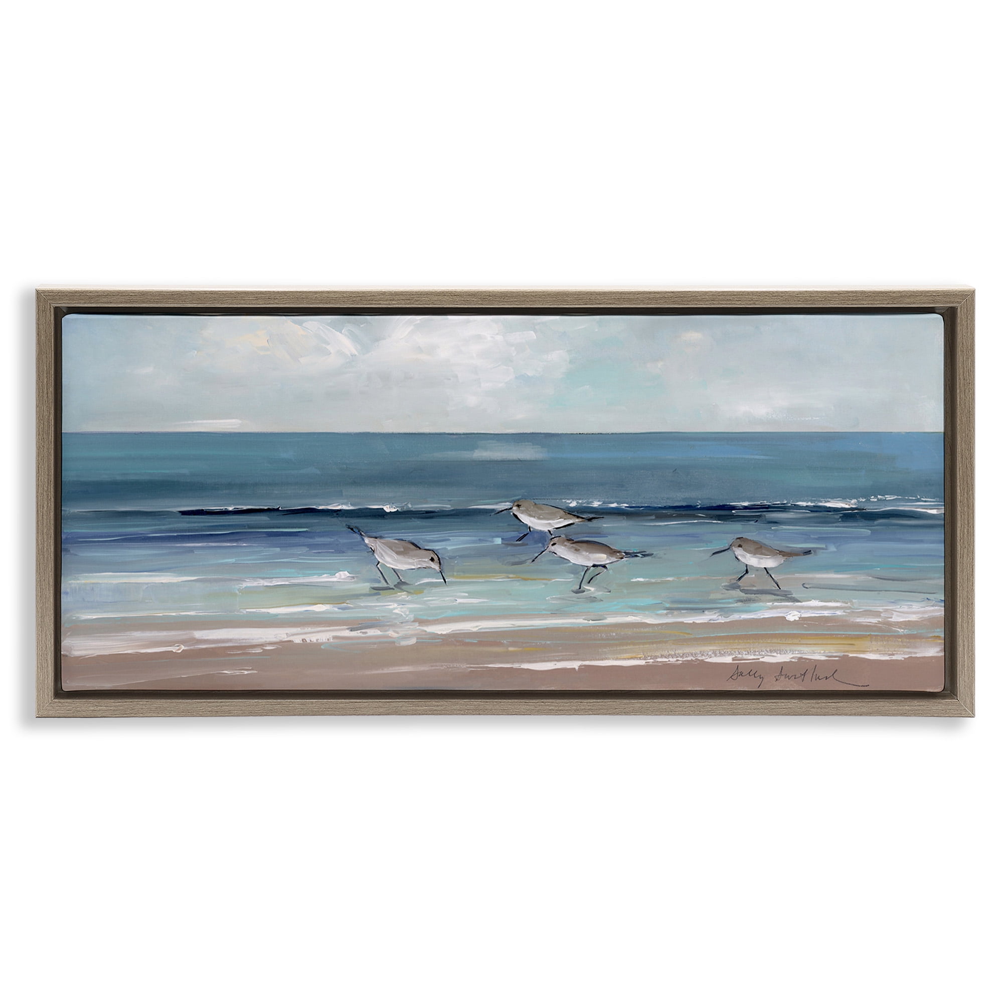 Stupell Industries Sandpipers with Cloudy Sky Nature Painting Brown Floater Framed Canvas Art Print Wall Art, 25 x 11