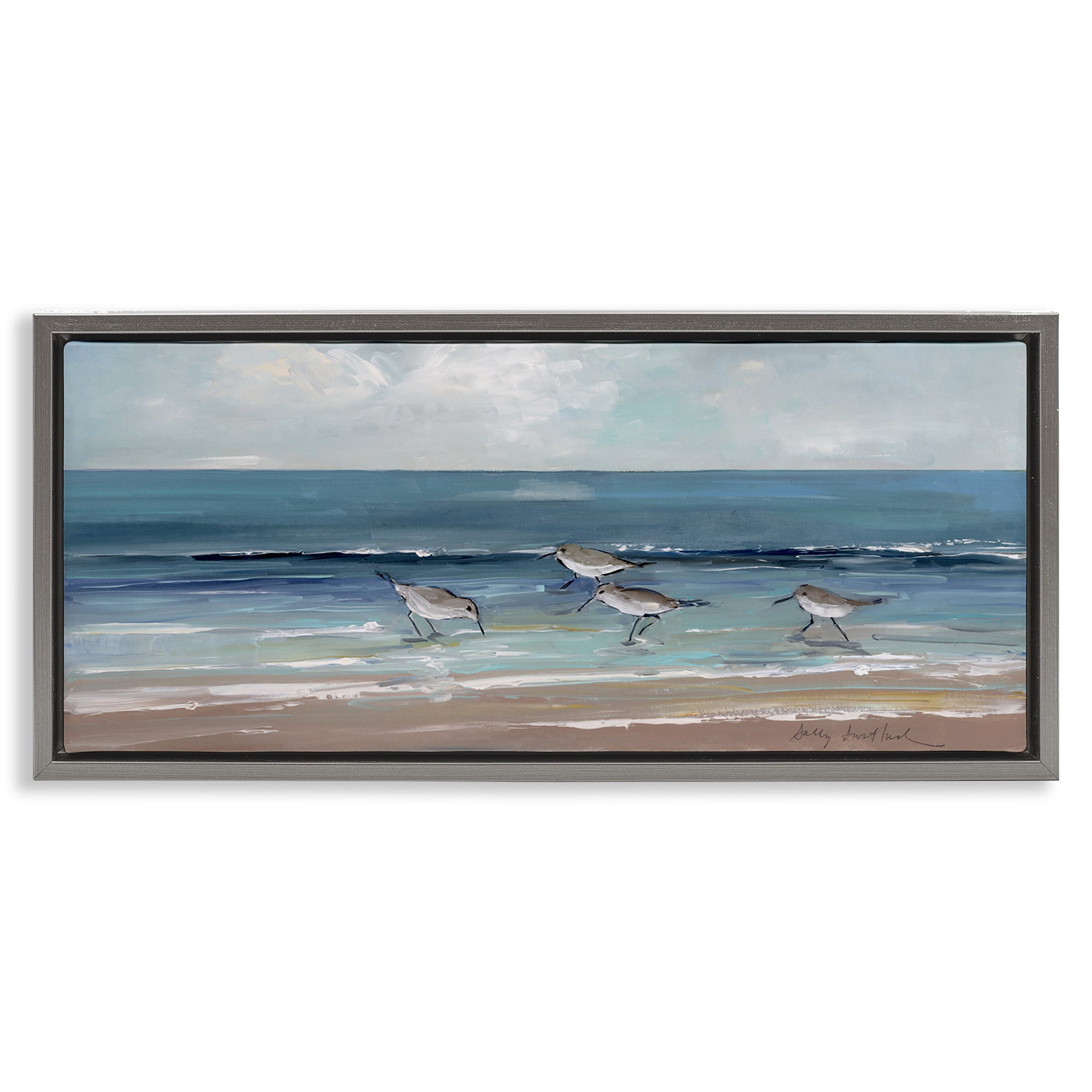 Stupell Industries Sandpipers with Cloudy Sky Nature Painting Gray Floater Framed Canvas Art Print Wall Art, 31 x 14