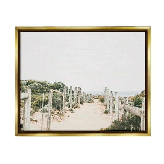 Stupell Industries Sandy Beach Boardwalk Landscape Coastal Photography Gold Floater Framed Art Print Wall Art