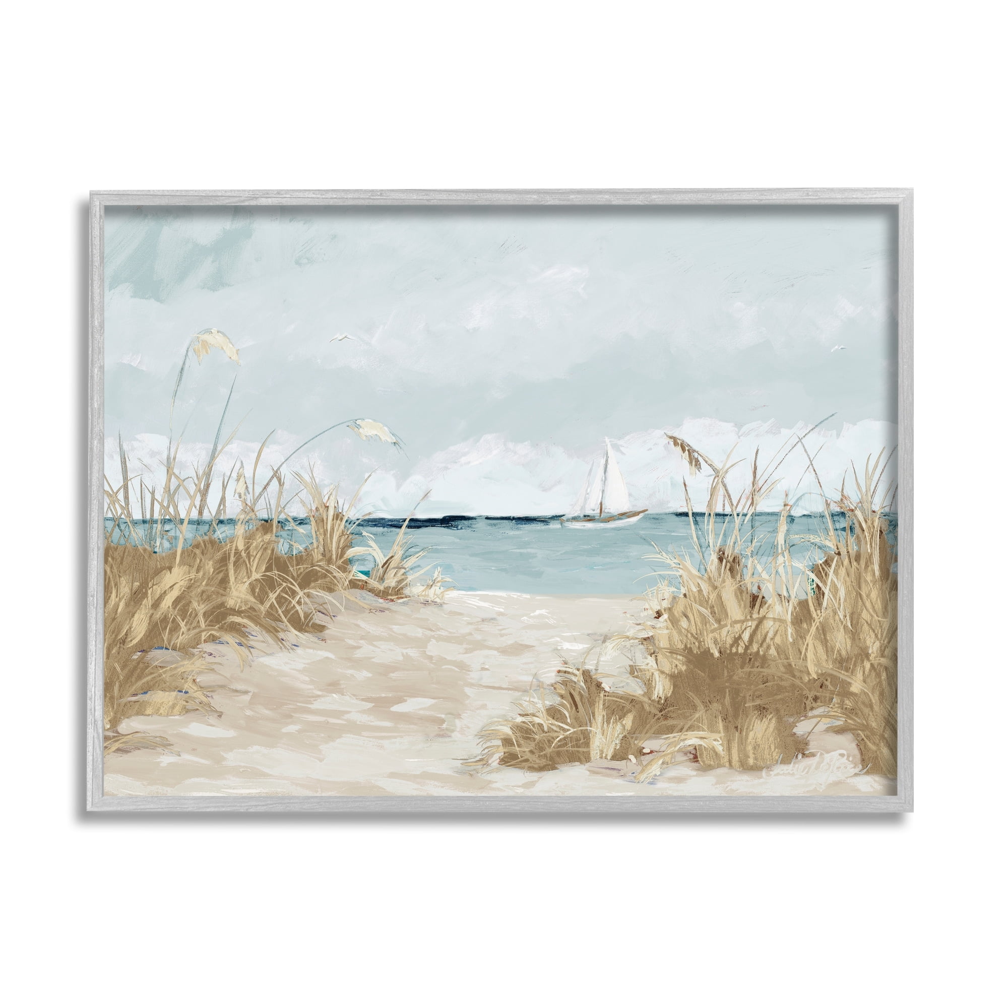 Stupell Industries Sandy Beach Walkway Distant Sailboats Floating Sea Painting Gray Framed Art Print Wall Art, Design by Julie Derice