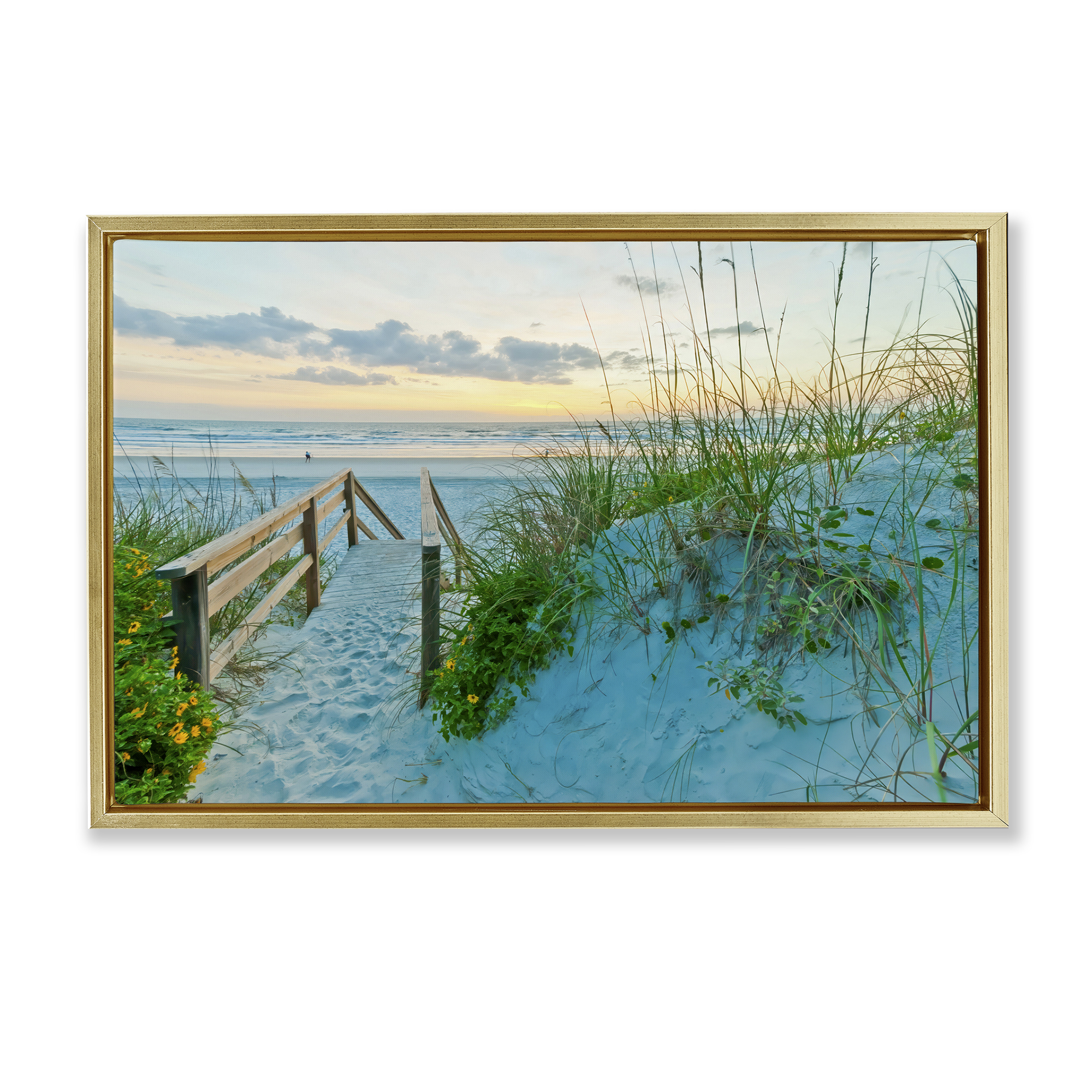 Stupell Industries Sandy Coast Footprints Nautical & Beach Photography Gold Floater Framed Canvas Art Print Wall Art, 31 x 21