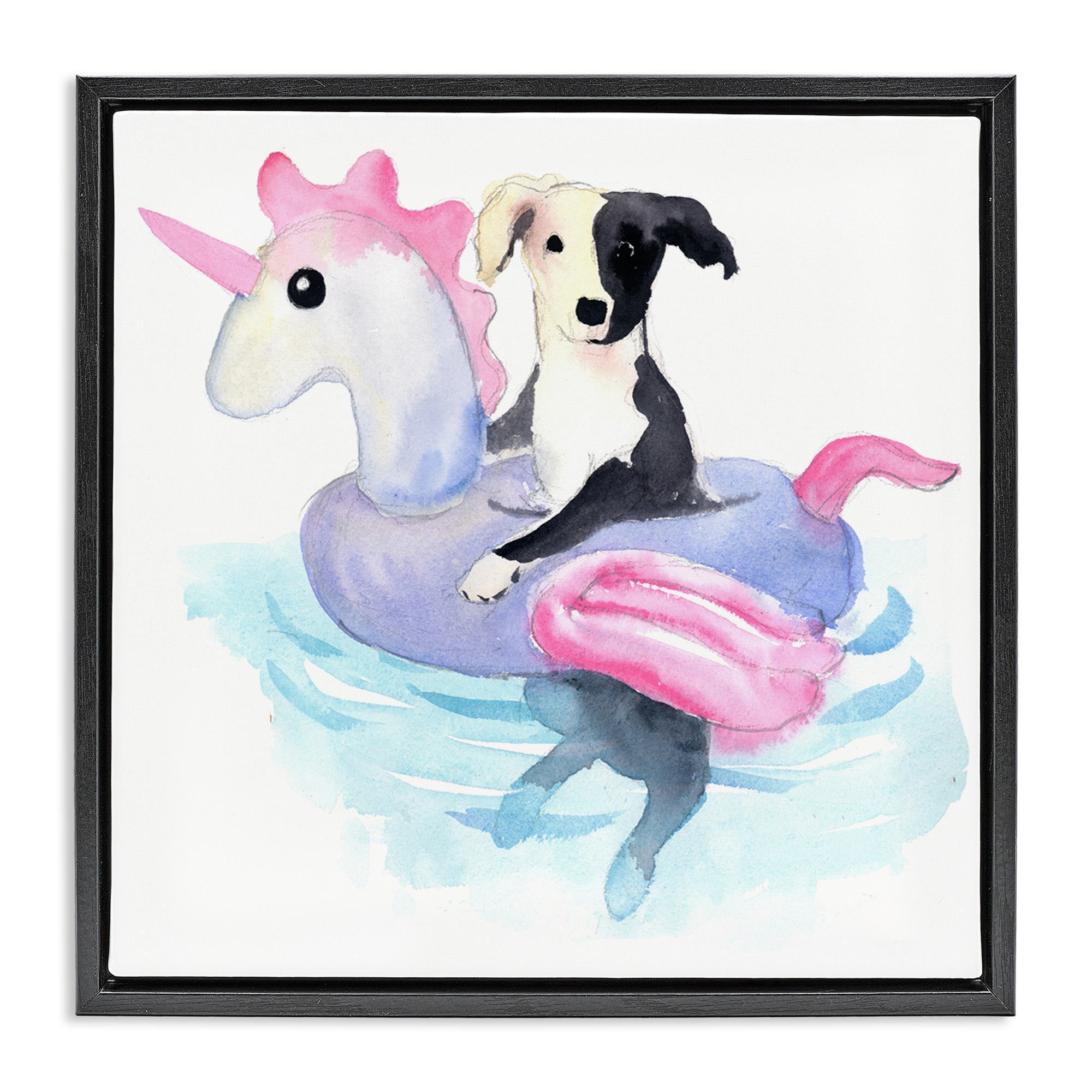 Stupell Industries Sandy Dog Pool Float Animals Painting Black Floater Framed Canvas Art Print Wall Art, 25 x 25