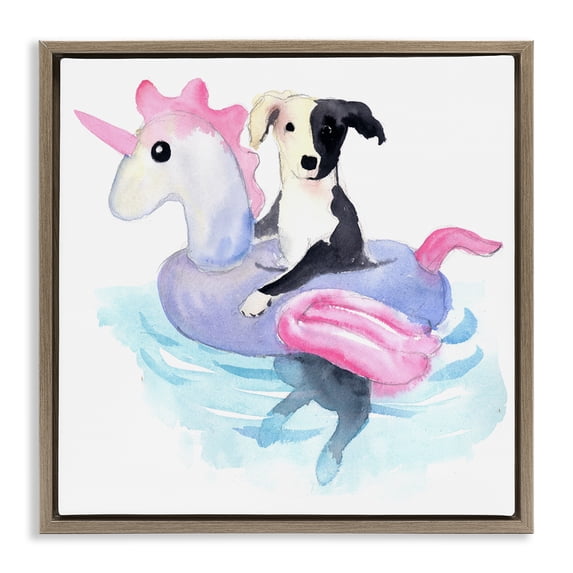 Stupell Industries Contemporary Sandy Dog Pool Float Brown Floating Frame Canvas Art, 18 x 18, by Geoff Allen