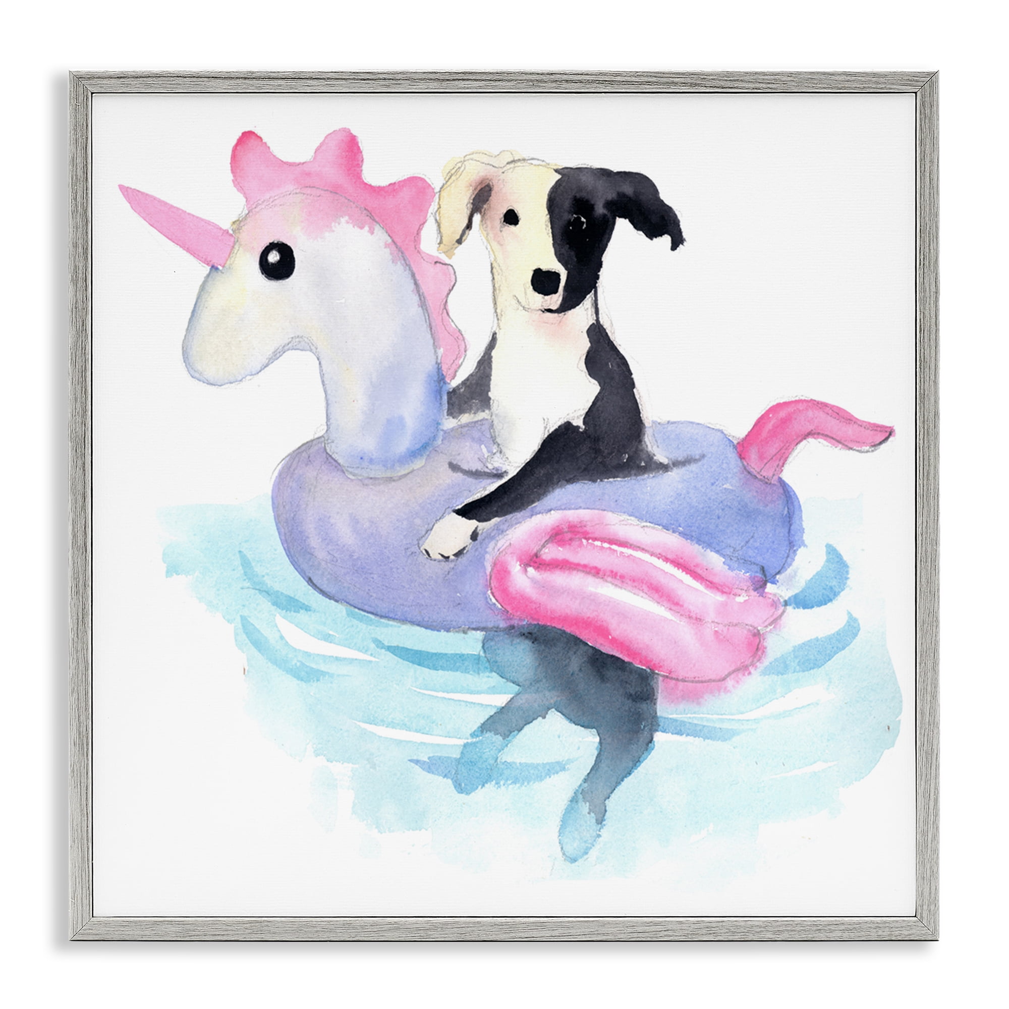 Stupell Industries Sandy Dog Pool Float Animals Painting Gray Framed Art Print Wall Art, 12 x 12
