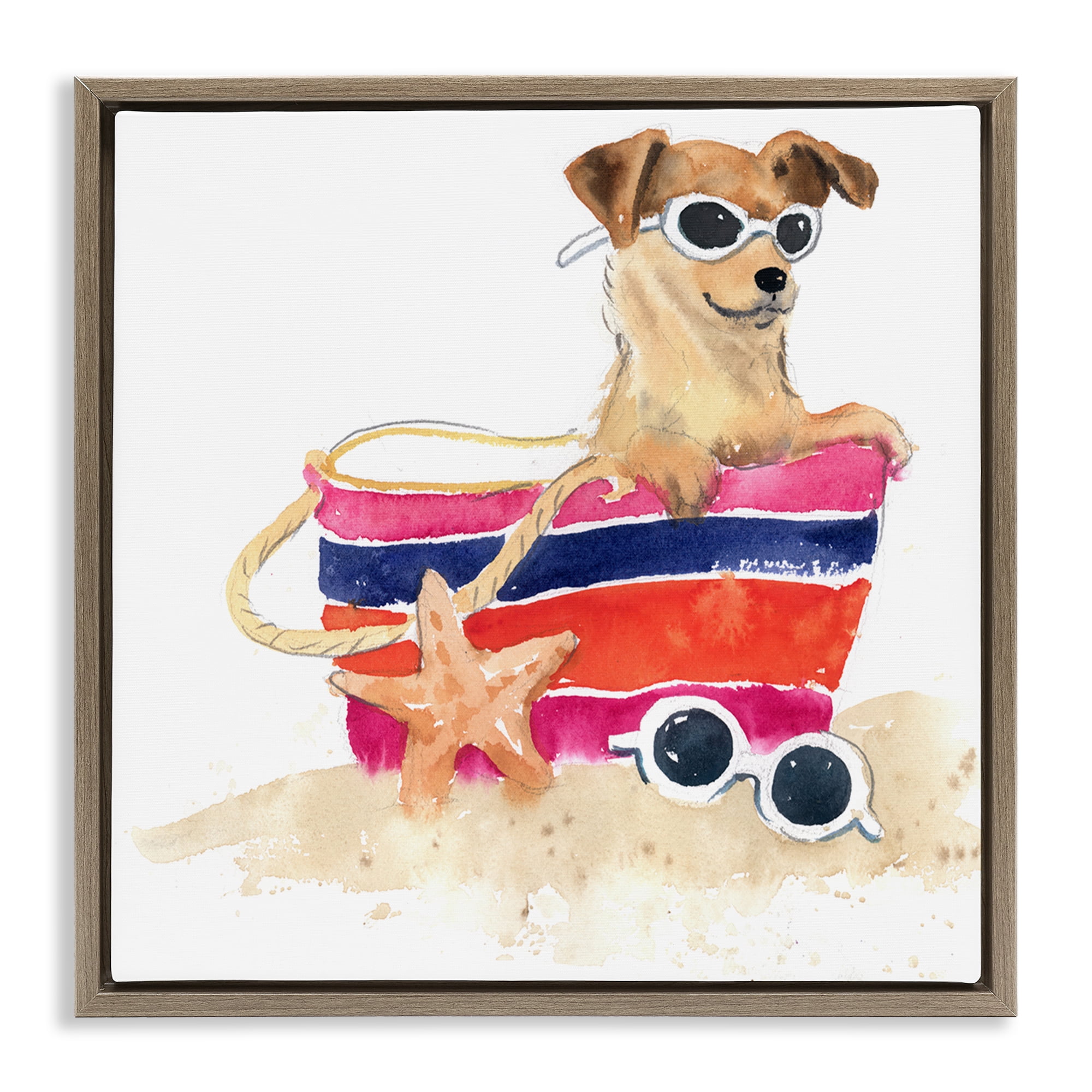 Stupell Industries Sandy Dog in Beach Bag Animals Painting Brown Floater Framed Canvas Art Print Wall Art, 25 x 25