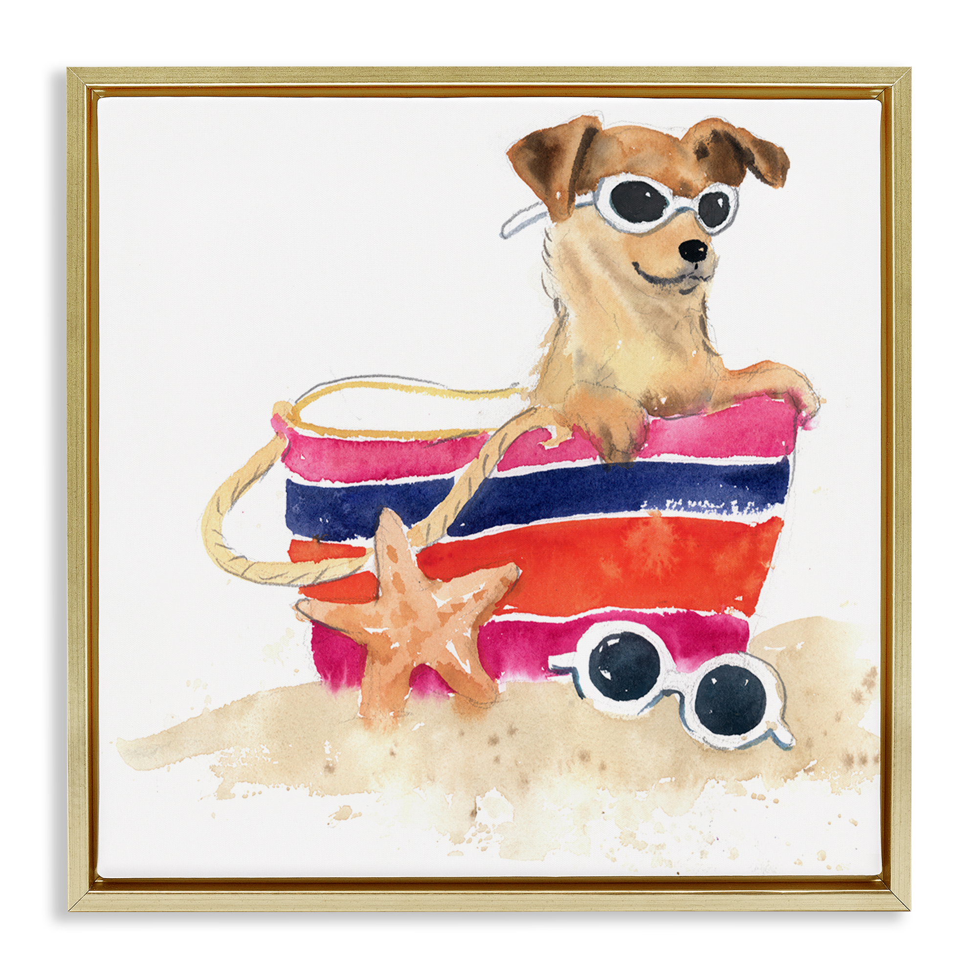 Stupell Industries Sandy Dog in Beach Bag Animals Painting Gold Floater Framed Canvas Art Print Wall Art, 25 x 25