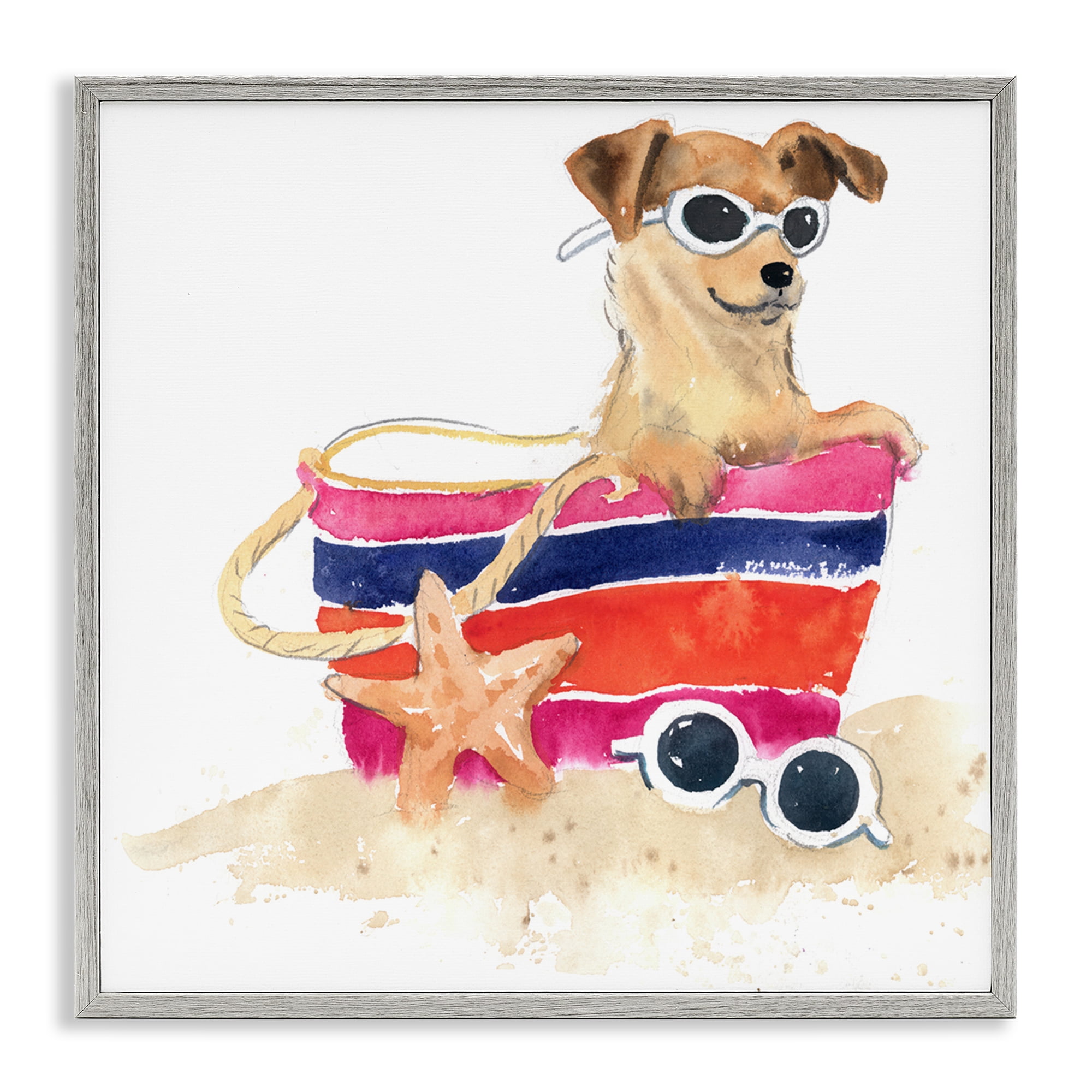 Stupell Industries Sandy Dog in Beach Bag Animals Painting Gray Framed Art Print Wall Art, 24 x 24