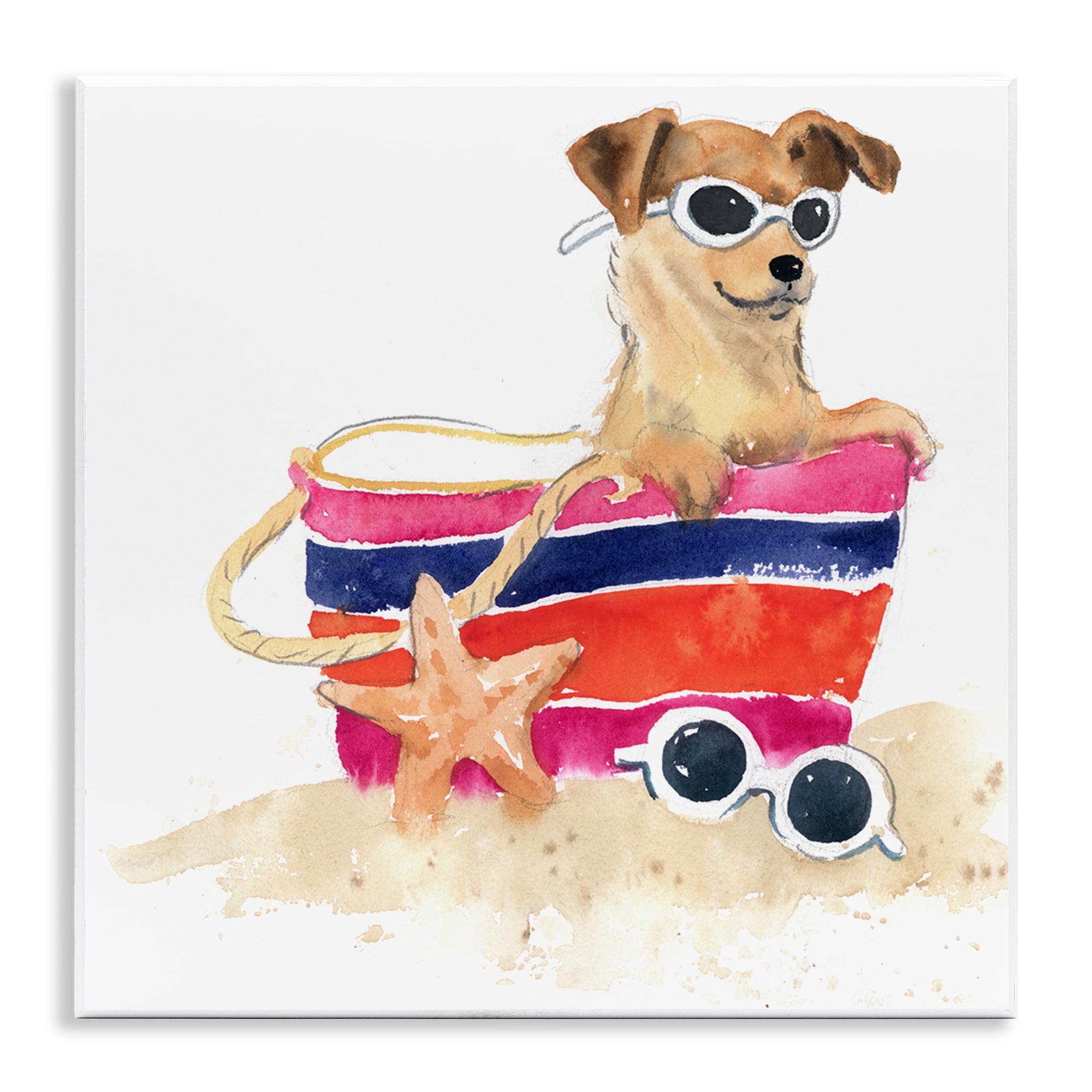 Stupell Industries Sandy Dog in Beach Bag Animals Painting Unframed Art Print Wall Art, 12 x 12
