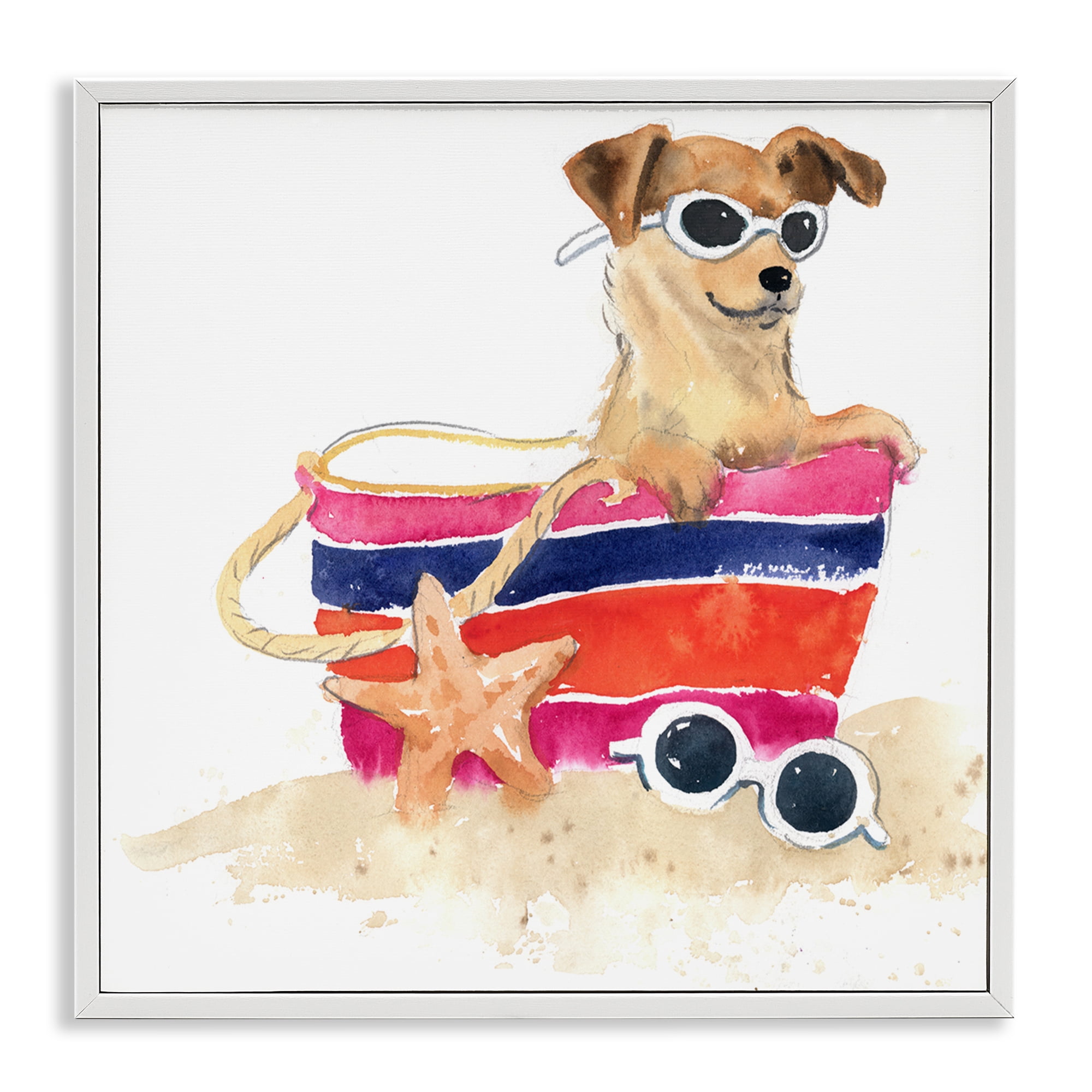 Stupell Industries Sandy Dog in Beach Bag Animals Painting White Framed Art Print Wall Art, 17 x 17