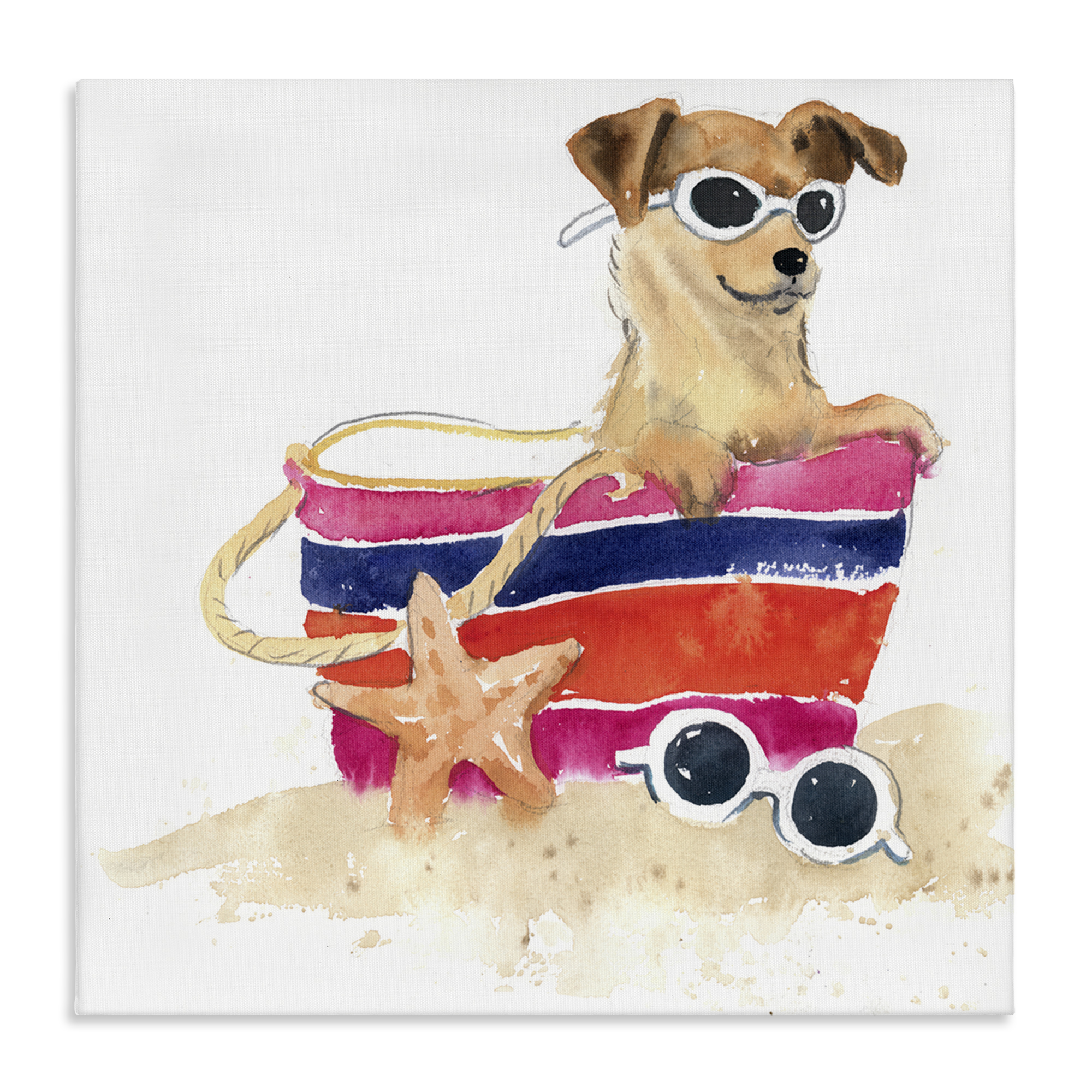 Stupell Industries Sandy Dog in Beach Bag Animals Painting Wrapped Canvas Art Print Wall Art, 24 x 24