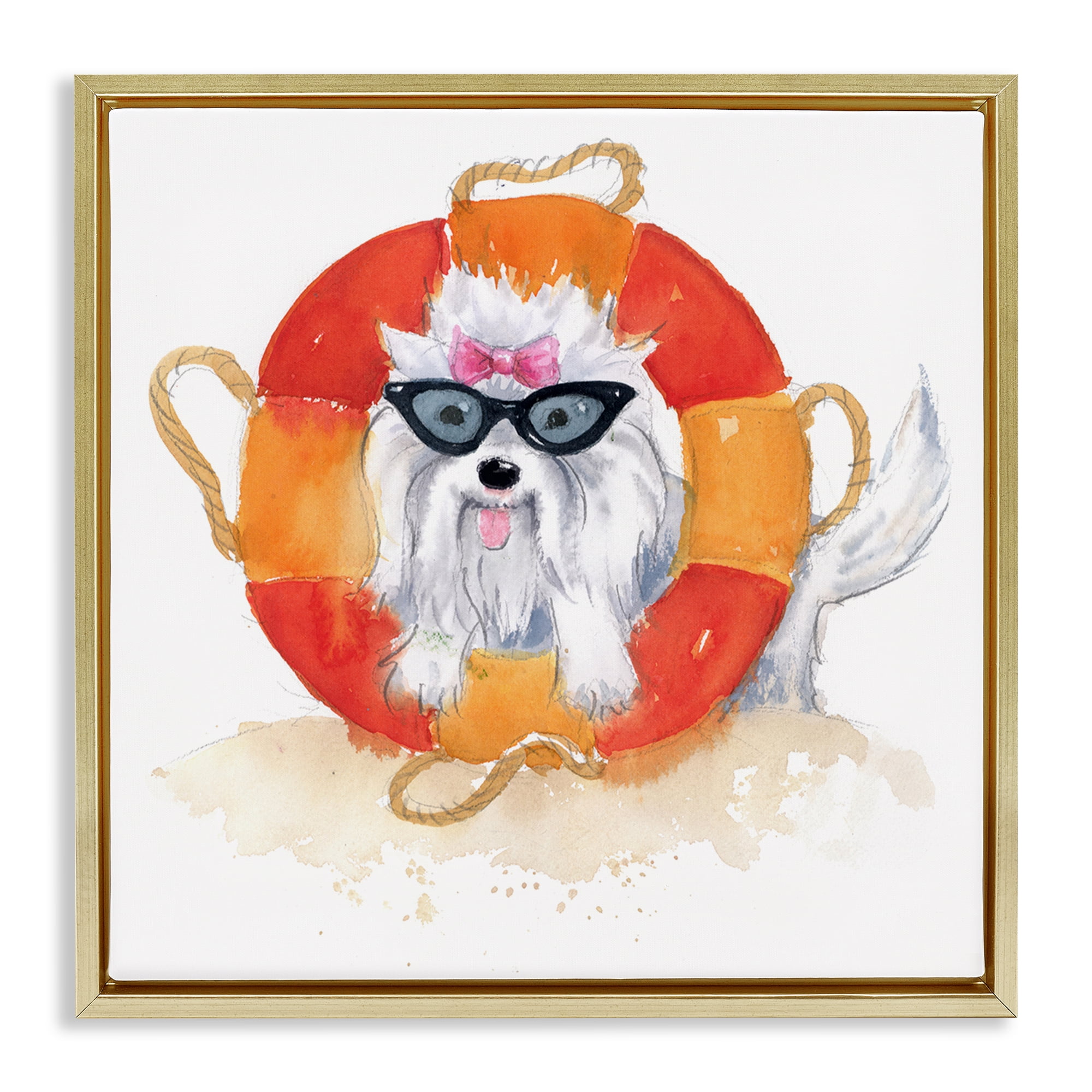 Stupell Industries Sandy Dog in Sunglasses Animals Painting Gold Floater Framed Canvas Art Print Wall Art, 18 x 18