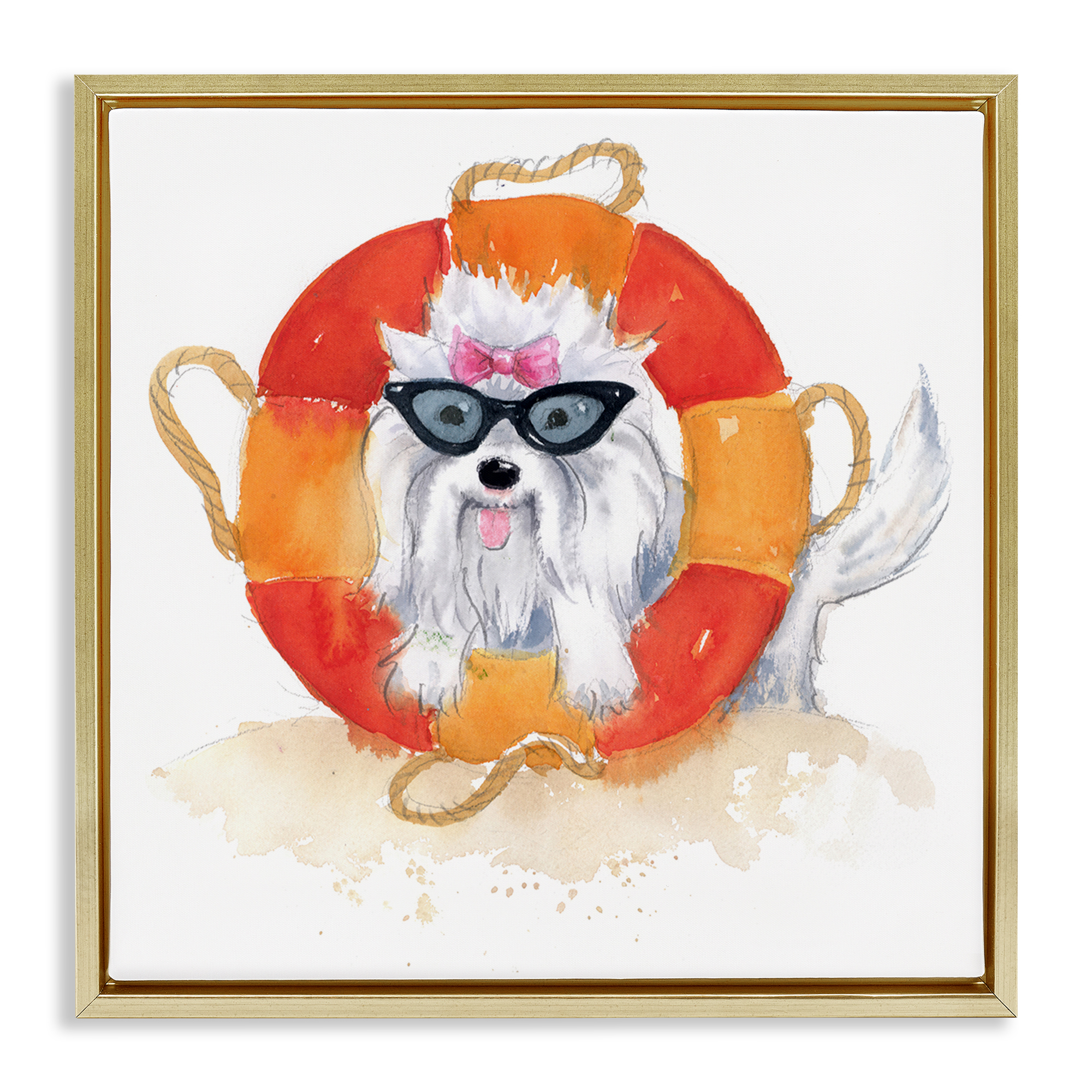 Stupell Industries Sandy Dog in Sunglasses Animals Painting Gold Floater Framed Canvas Art Print Wall Art, 25 x 25