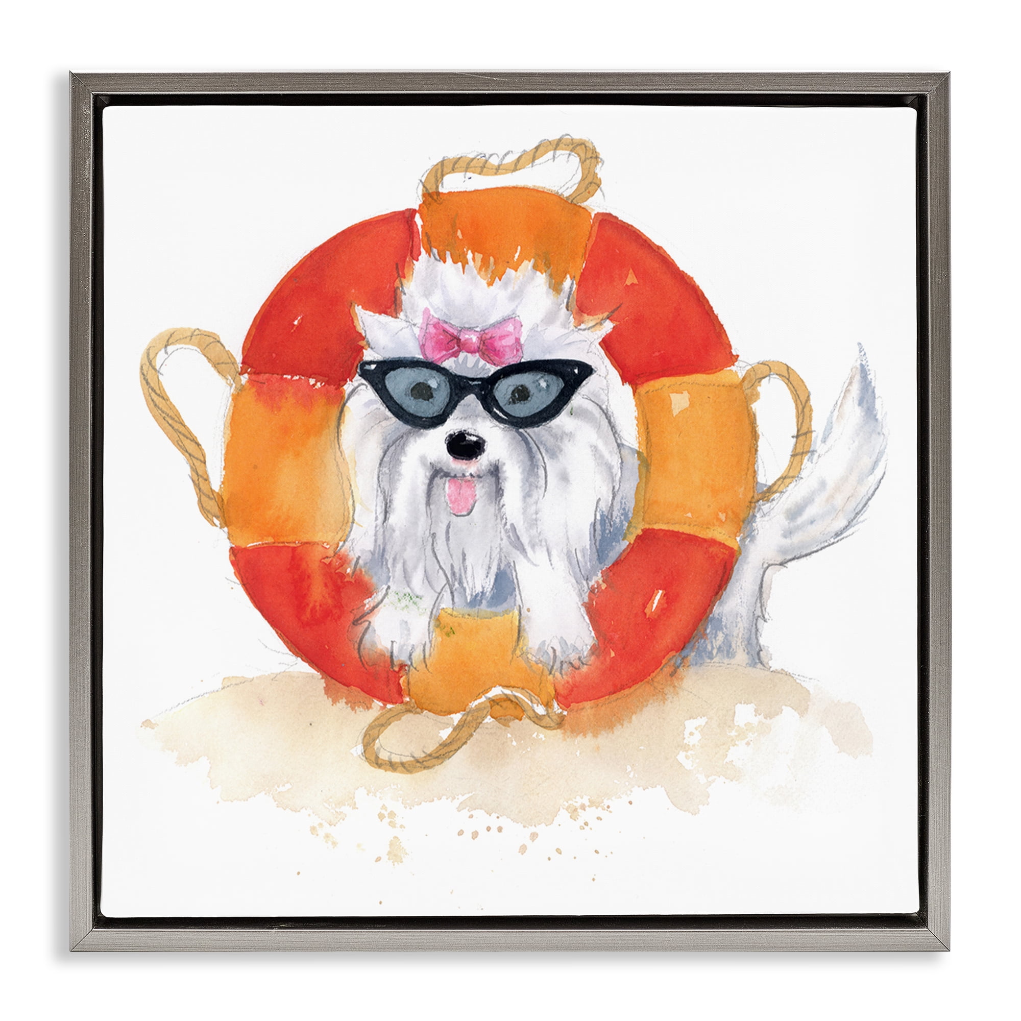 Stupell Industries Sandy Dog in Sunglasses Animals Painting Gray Floater Framed Canvas Art Print Wall Art, 18 x 18