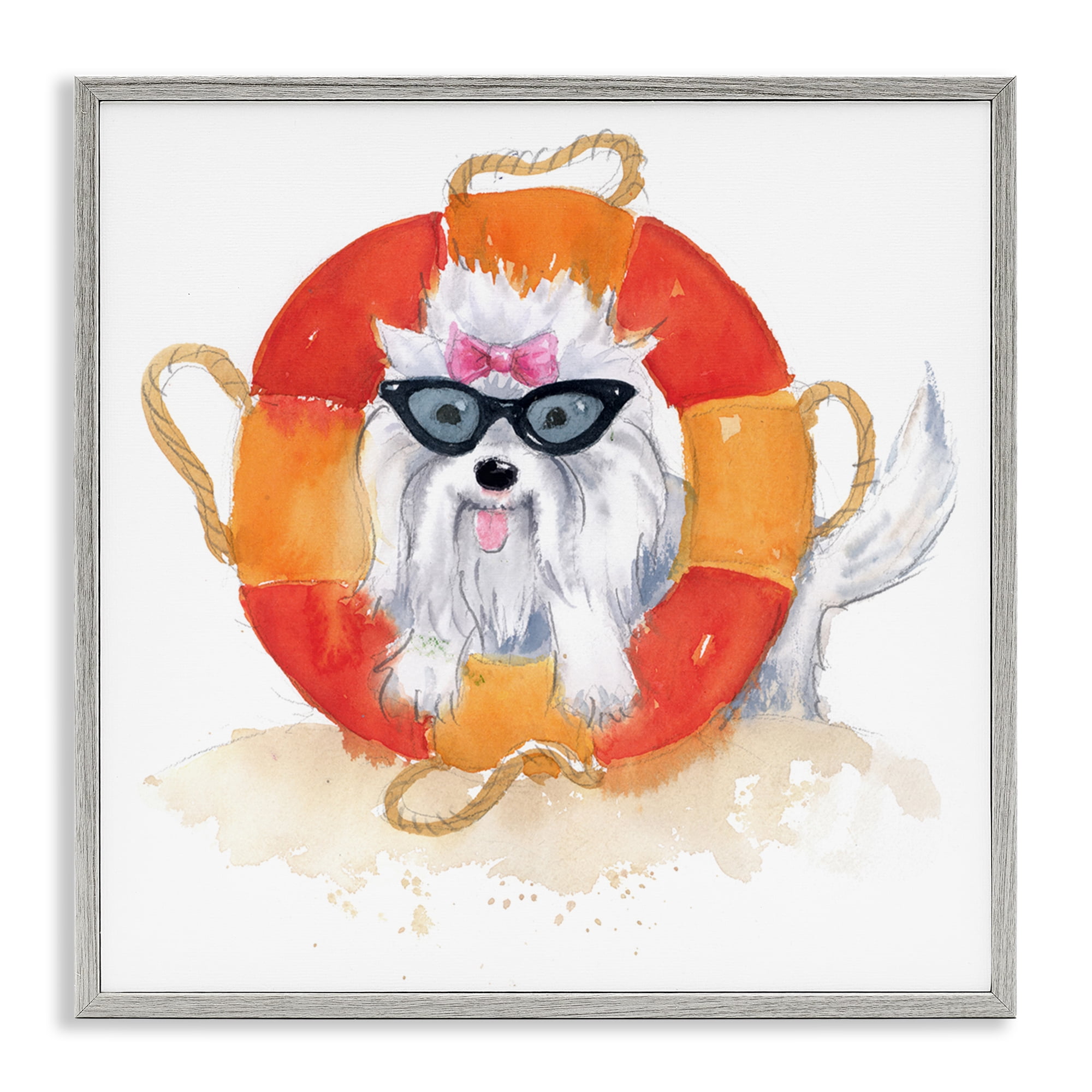 Stupell Industries Sandy Dog in Sunglasses Animals Painting Gray Framed Art Print Wall Art, 24 x 24