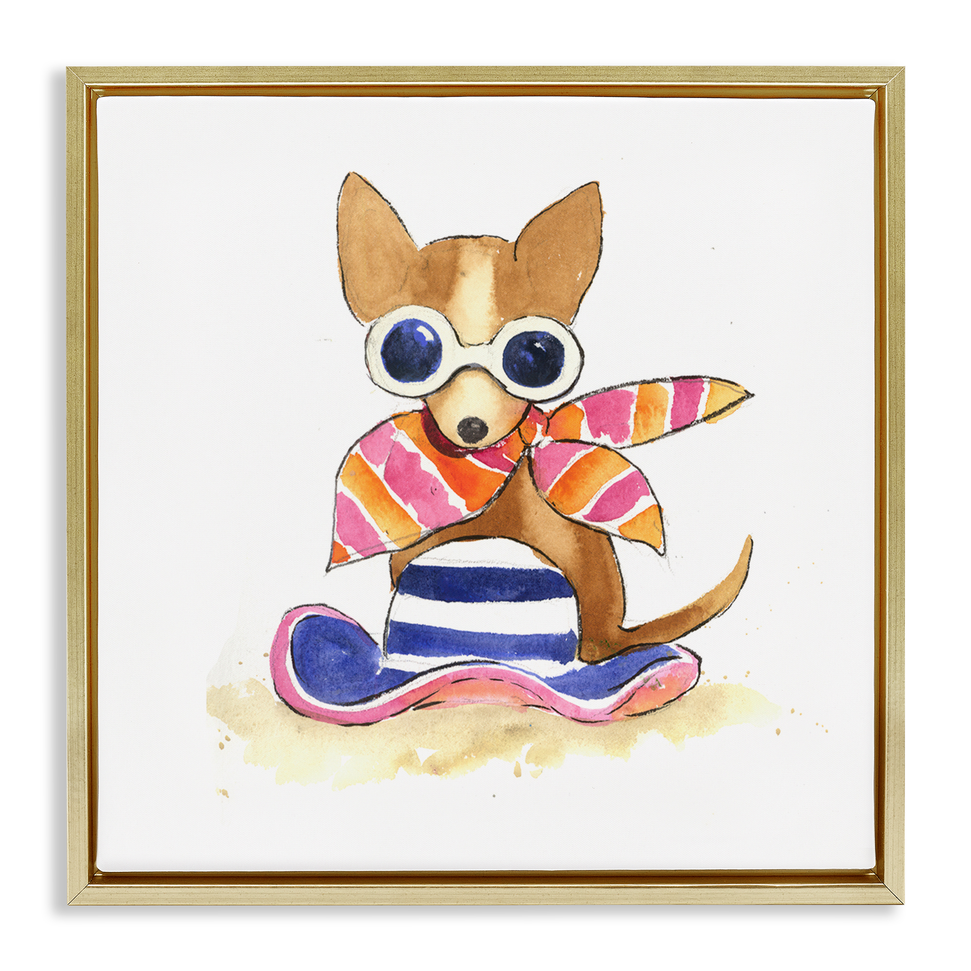 Stupell Industries Sandy Dog on Beach Animals Painting Gold Floater Framed Canvas Art Print Wall Art, 18 x 18