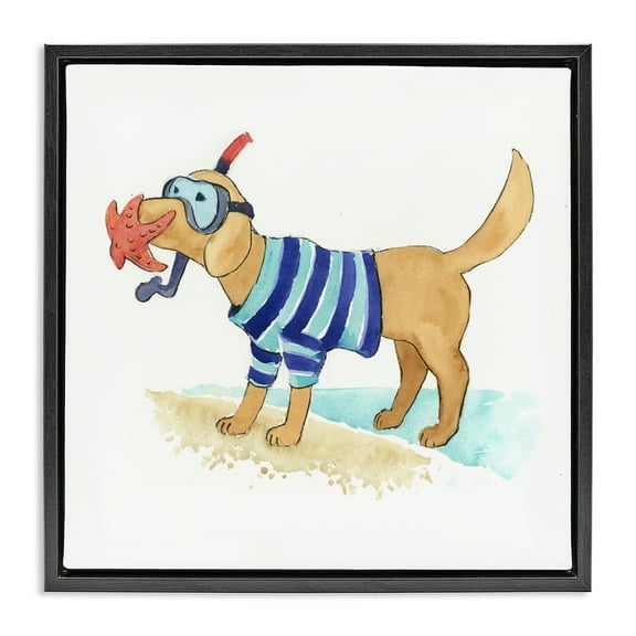 Stupell Industries Sandy Dog with Snorkel Animals Painting Black Floater Framed Canvas Art Print Wall Art, 18 x 18