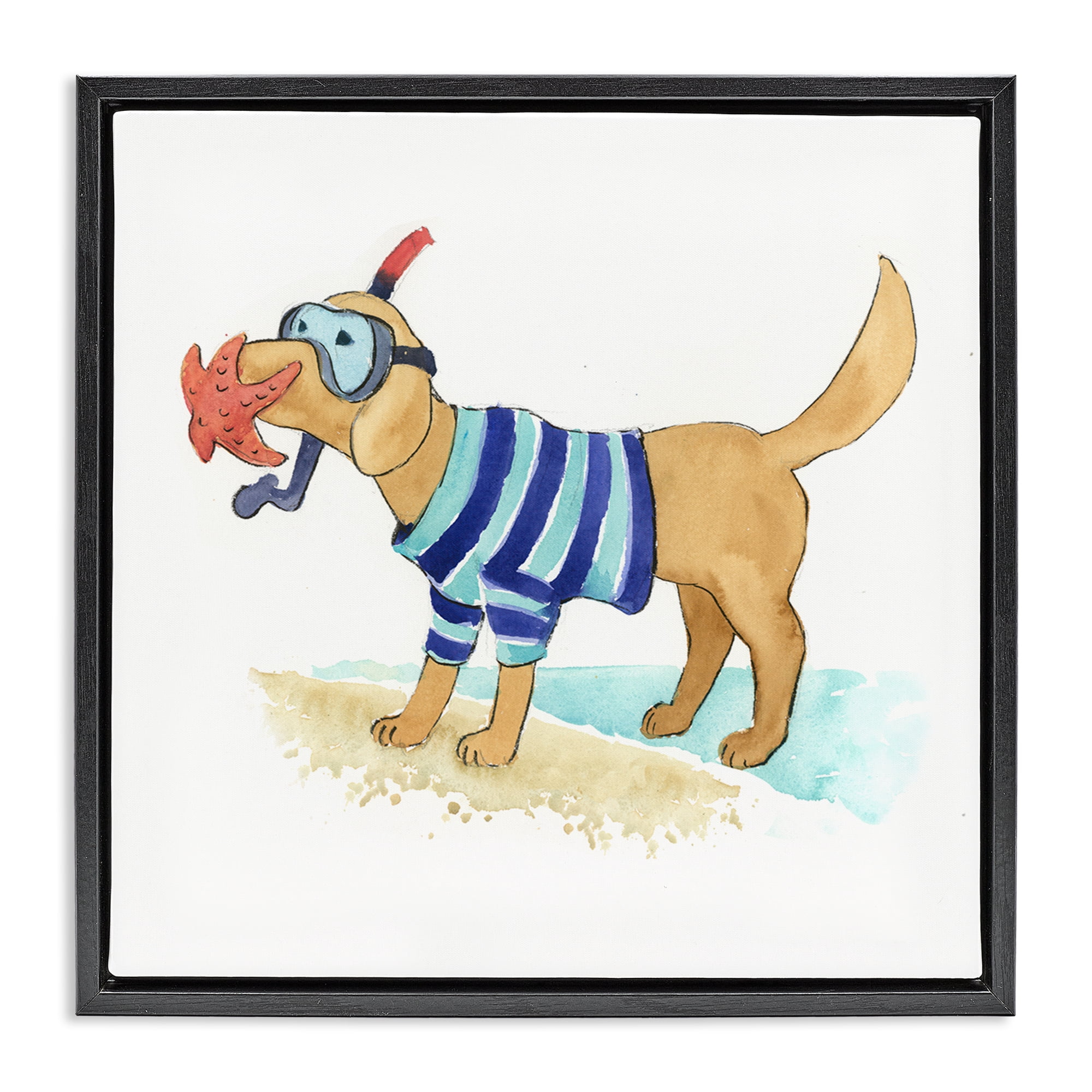 Stupell Industries Sandy Dog with Snorkel Animals Painting Black Floater Framed Canvas Art Print Wall Art, 25 x 25