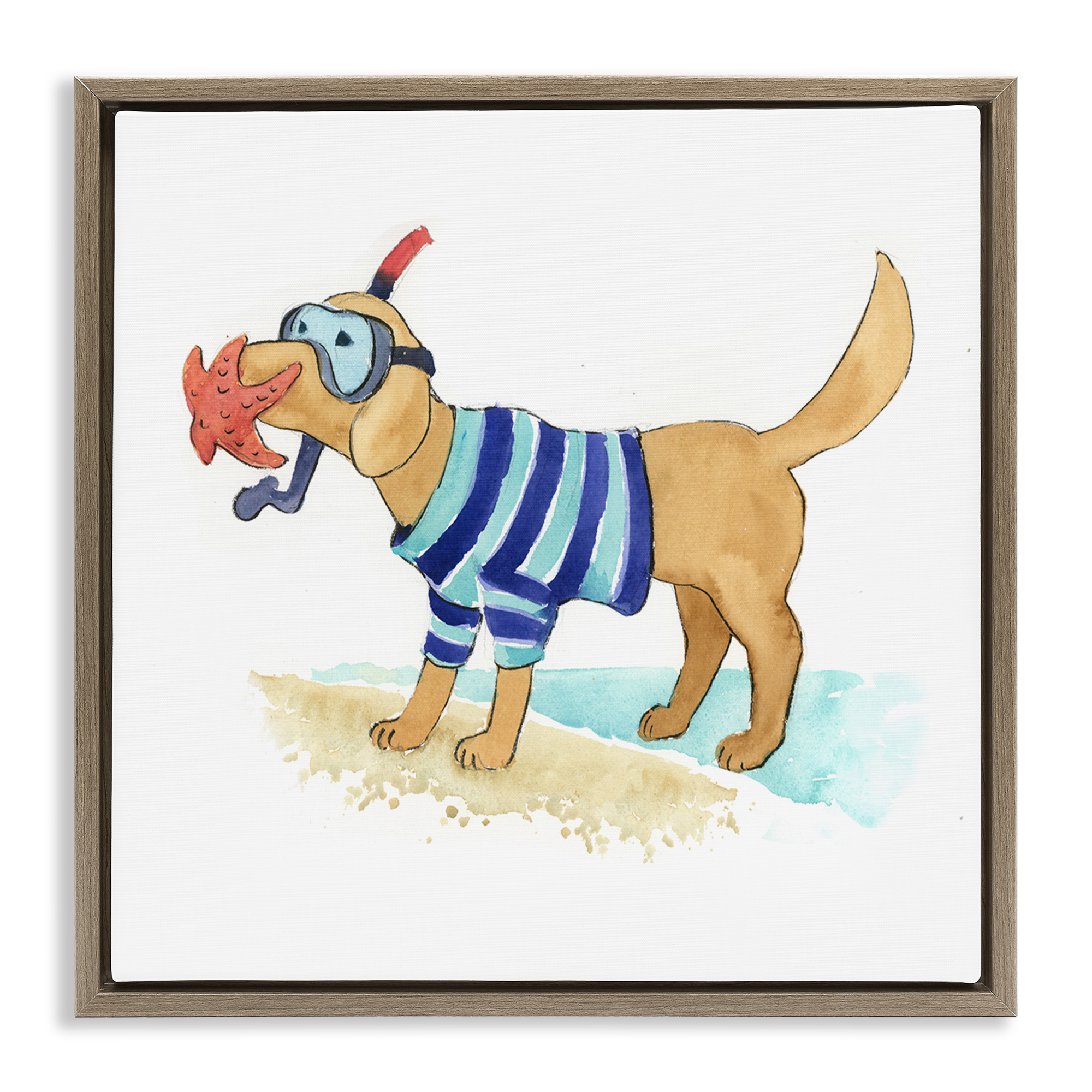 Stupell Industries Sandy Dog with Snorkel Animals Painting Brown Floater Framed Canvas Art Print Wall Art, 18 x 18