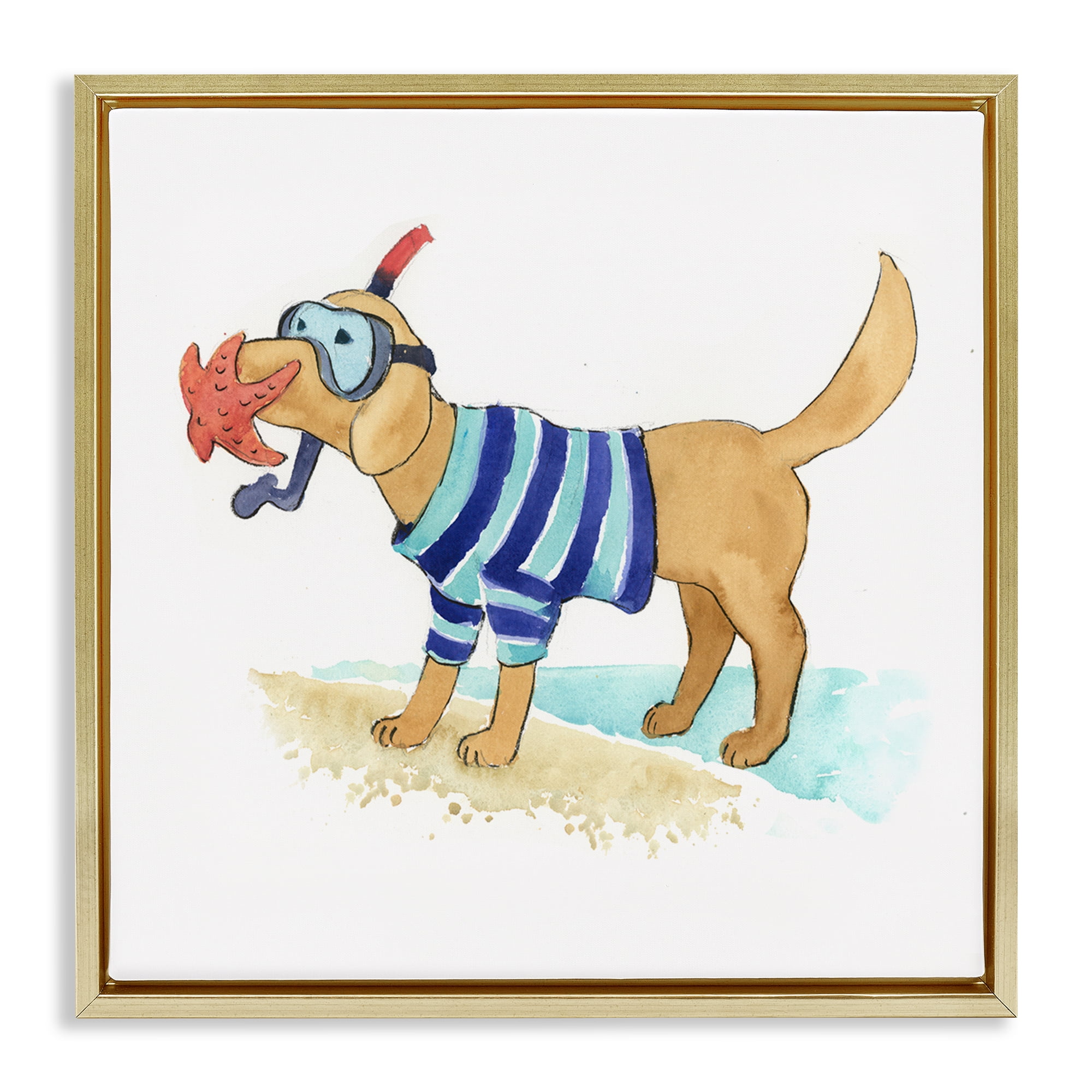 Stupell Industries Sandy Dog with Snorkel Animals Painting Gold Floater Framed Canvas Art Print Wall Art, 25 x 25