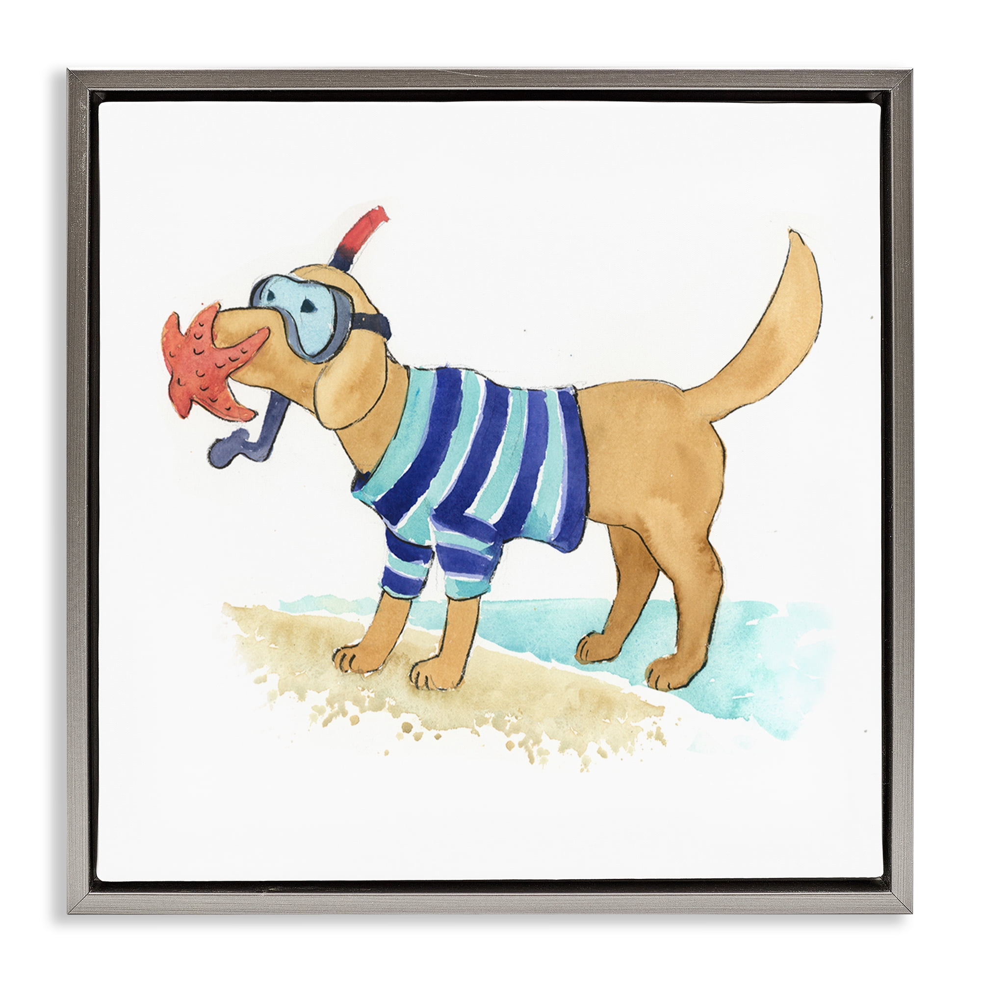Stupell Industries Sandy Dog with Snorkel Animals Painting Gray Floater Framed Canvas Art Print Wall Art, 25 x 25