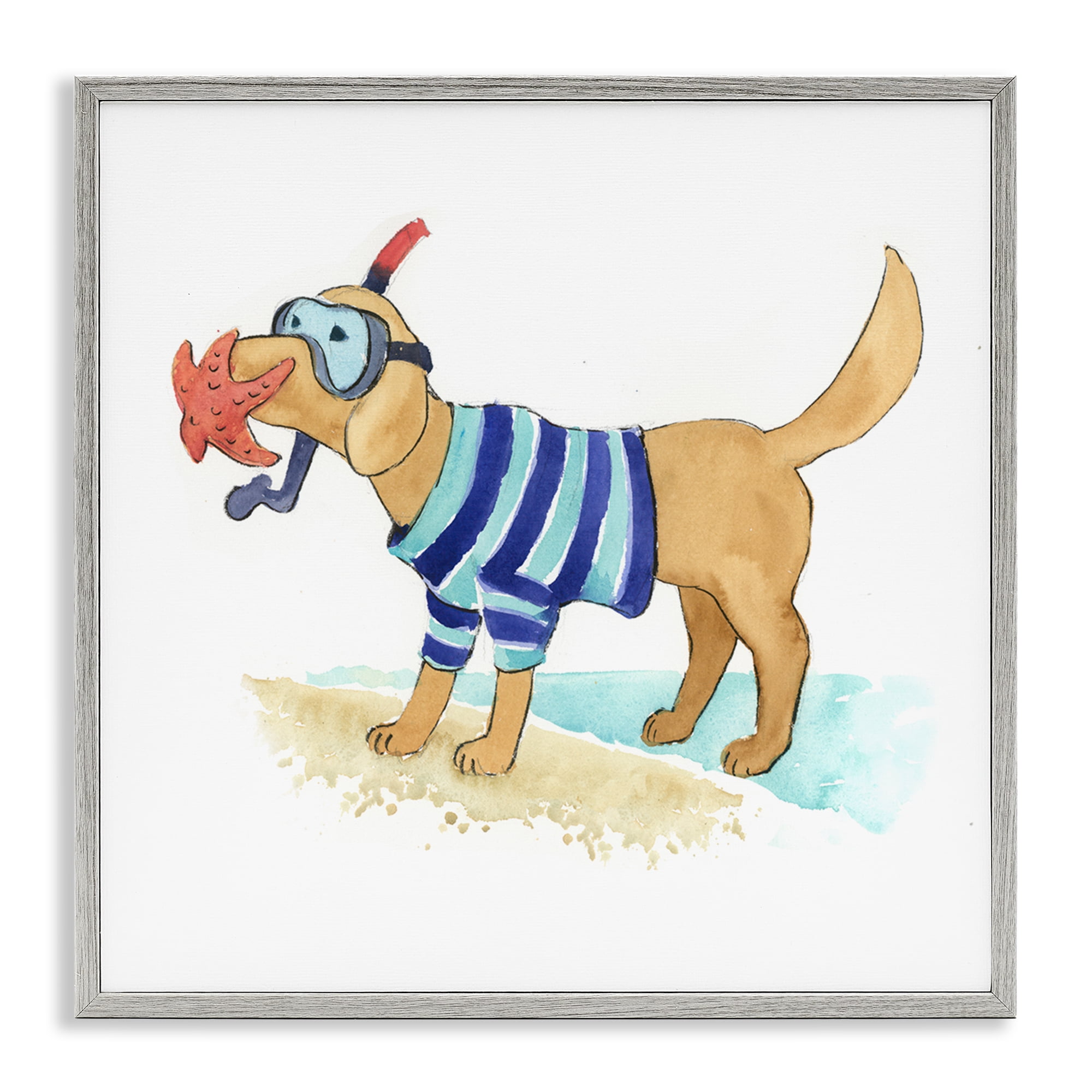 Stupell Industries Sandy Dog with Snorkel Animals Painting Gray Framed Art Print Wall Art, 24 x 24