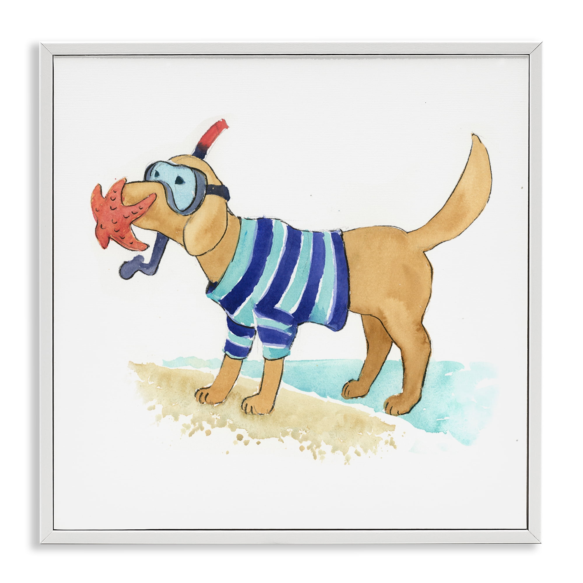 Stupell Industries Sandy Dog with Snorkel Animals Painting White Framed Art Print Wall Art, 12 x 12