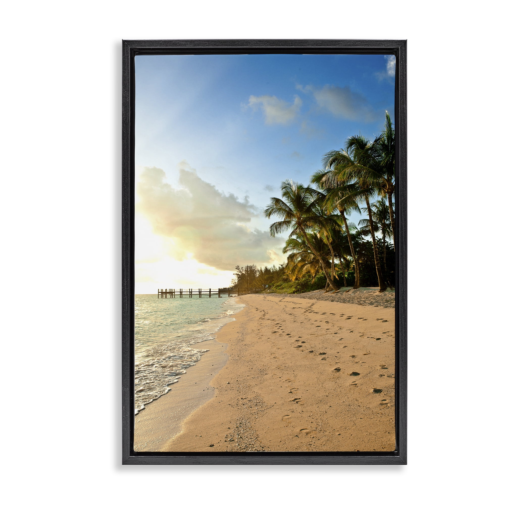 Stupell Industries Sandy Footprints Shore Coastal Photography Black Floater Framed Canvas Art Print Wall Art, 21 x 31