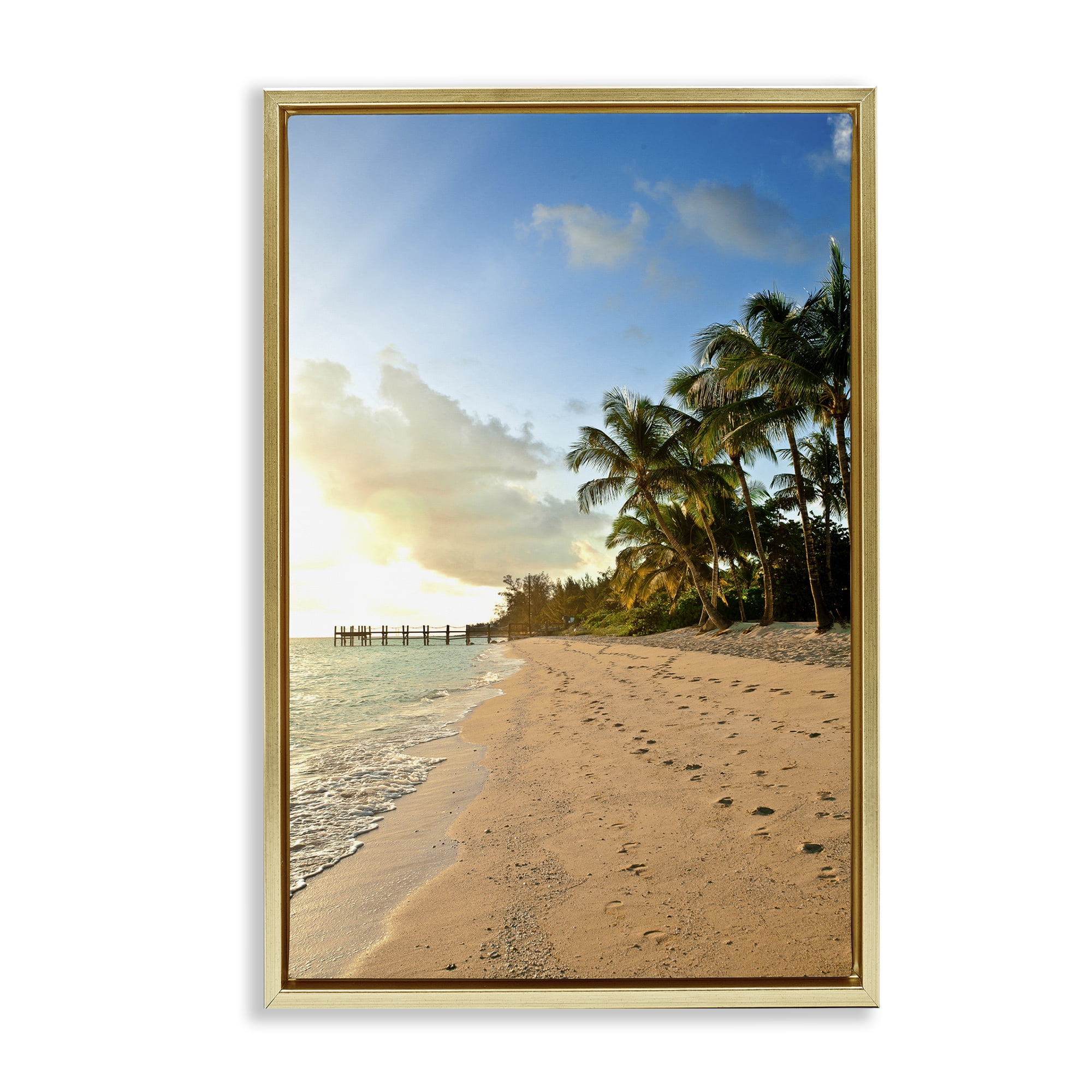 Stupell Industries Sandy Footprints Shore Coastal Photography Gold Floater Framed Canvas Art Print Wall Art, 17 x 25