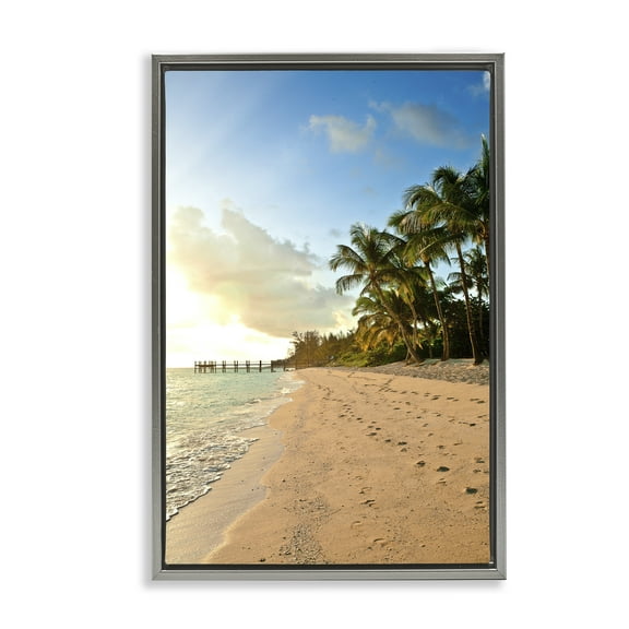 Stupell Industries Sandy Footprints Shore Coastal Photography Gray Floater Framed Canvas Art Print Wall Art, 17 x 25