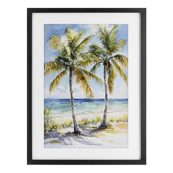 Stupell Industries Coastal Sandy Palms Duo Ocean View Black Framed Print Under Glass, 14 x 20, by Petals Prints Design