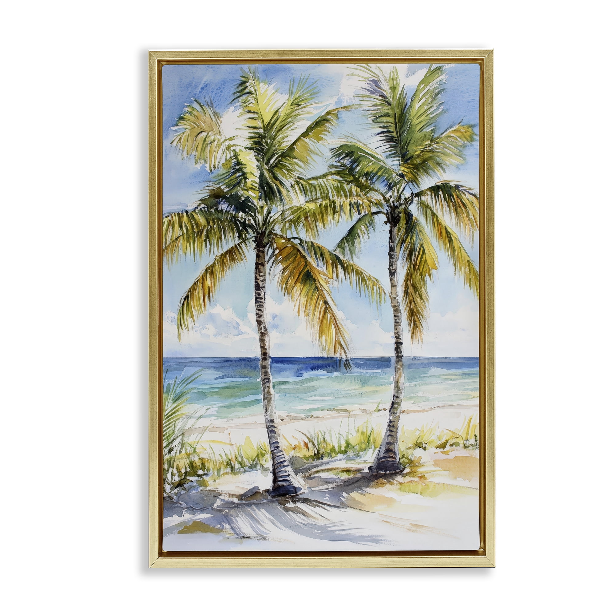 Stupell Industries Sandy Palms Duo Ocean View Gold Framed Floater Canvas Wall Art, design by Petal Prints Design