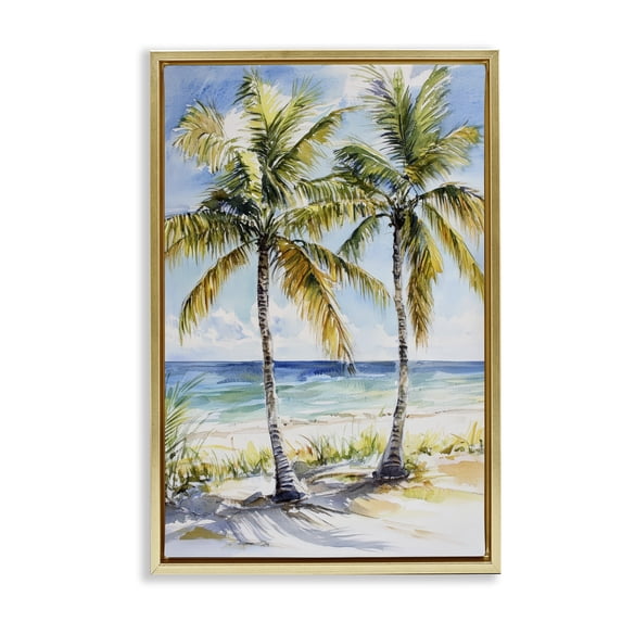 Stupell Industries Coastal Sandy Palms Duo Ocean View Gold Floating Frame Canvas Art, 21 x 31, by Petals Prints Design