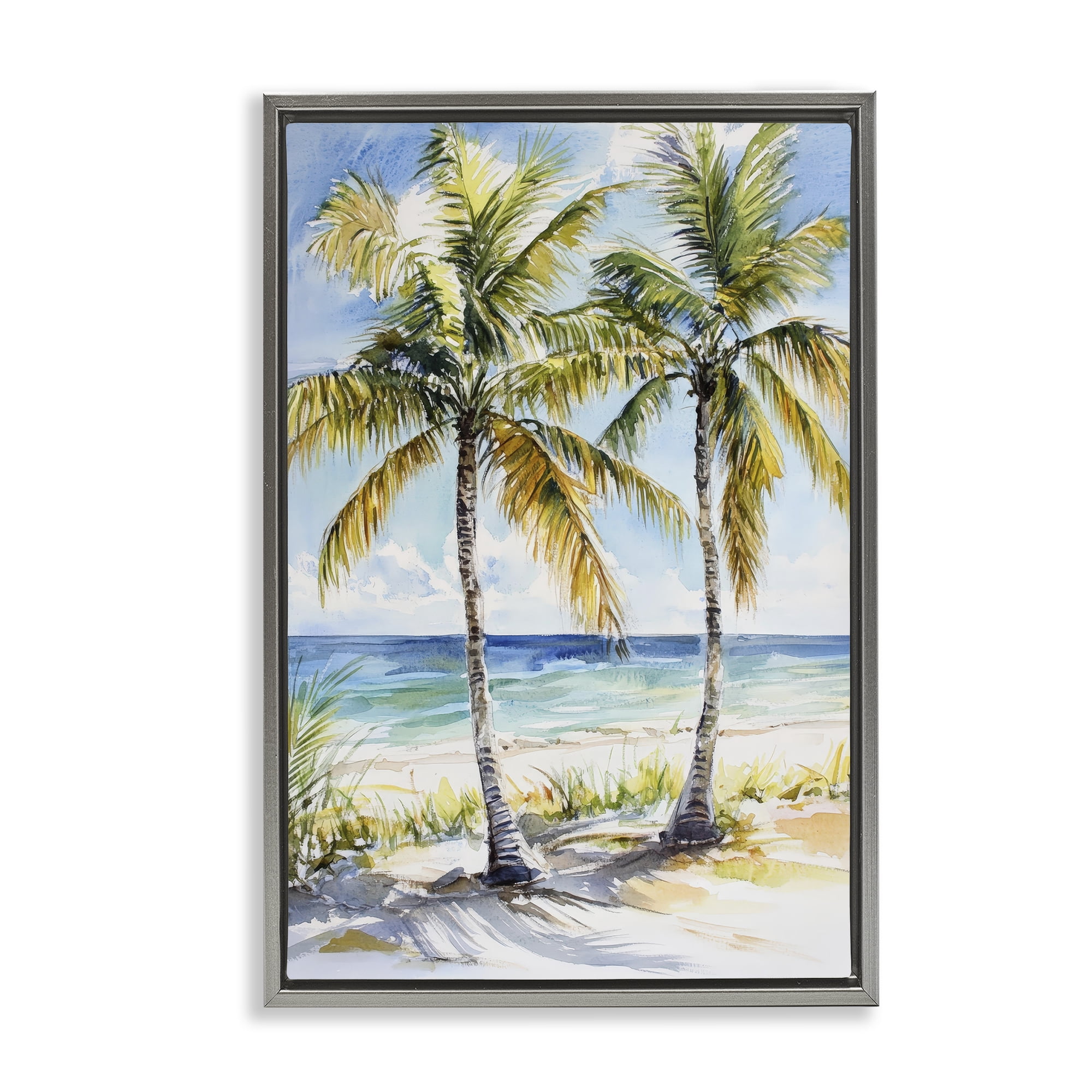Stupell Industries Sandy Palms Duo Ocean View Gray Framed Floater Canvas Wall Art, design by Petal Prints Design