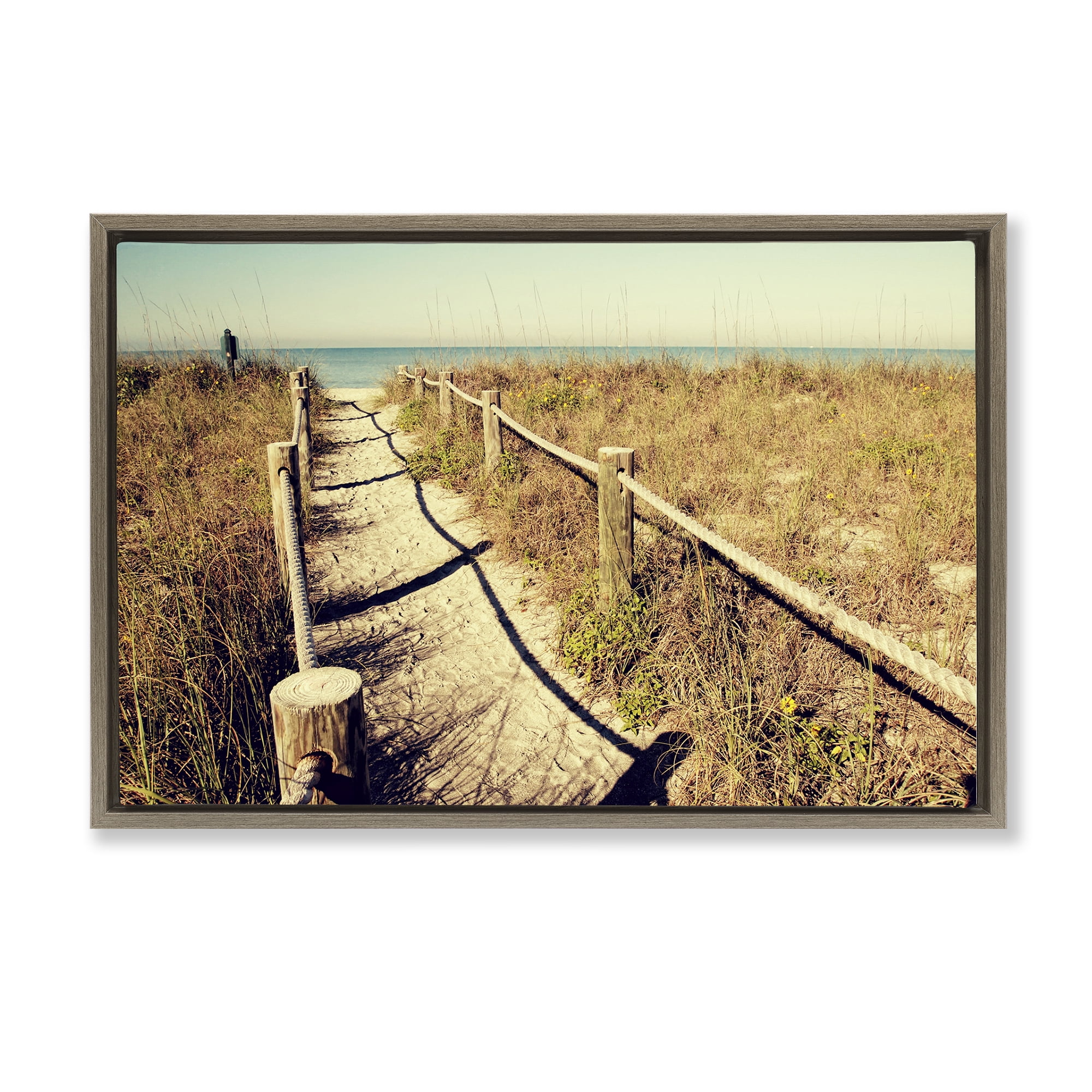 Stupell Industries Sandy Path Railing Landscape & Nature Photography Brown Floater Framed Canvas Art Print Wall Art, 31 x 21