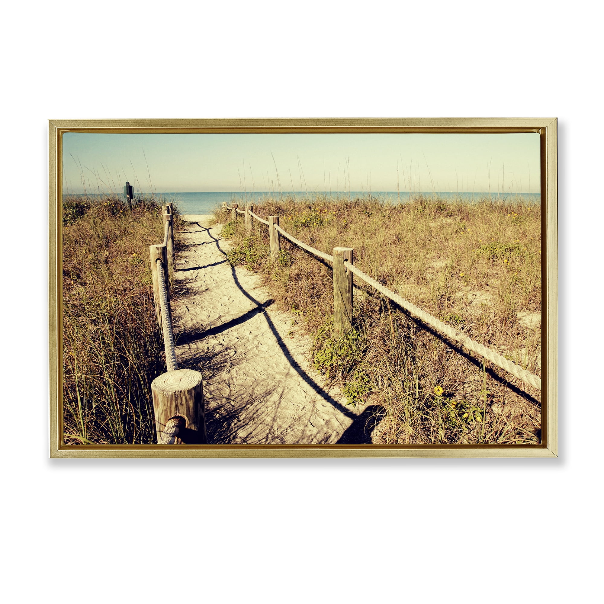 Stupell Industries Sandy Path Railing Landscape & Nature Photography Gold Floater Framed Canvas Art Print Wall Art, 25 x 17