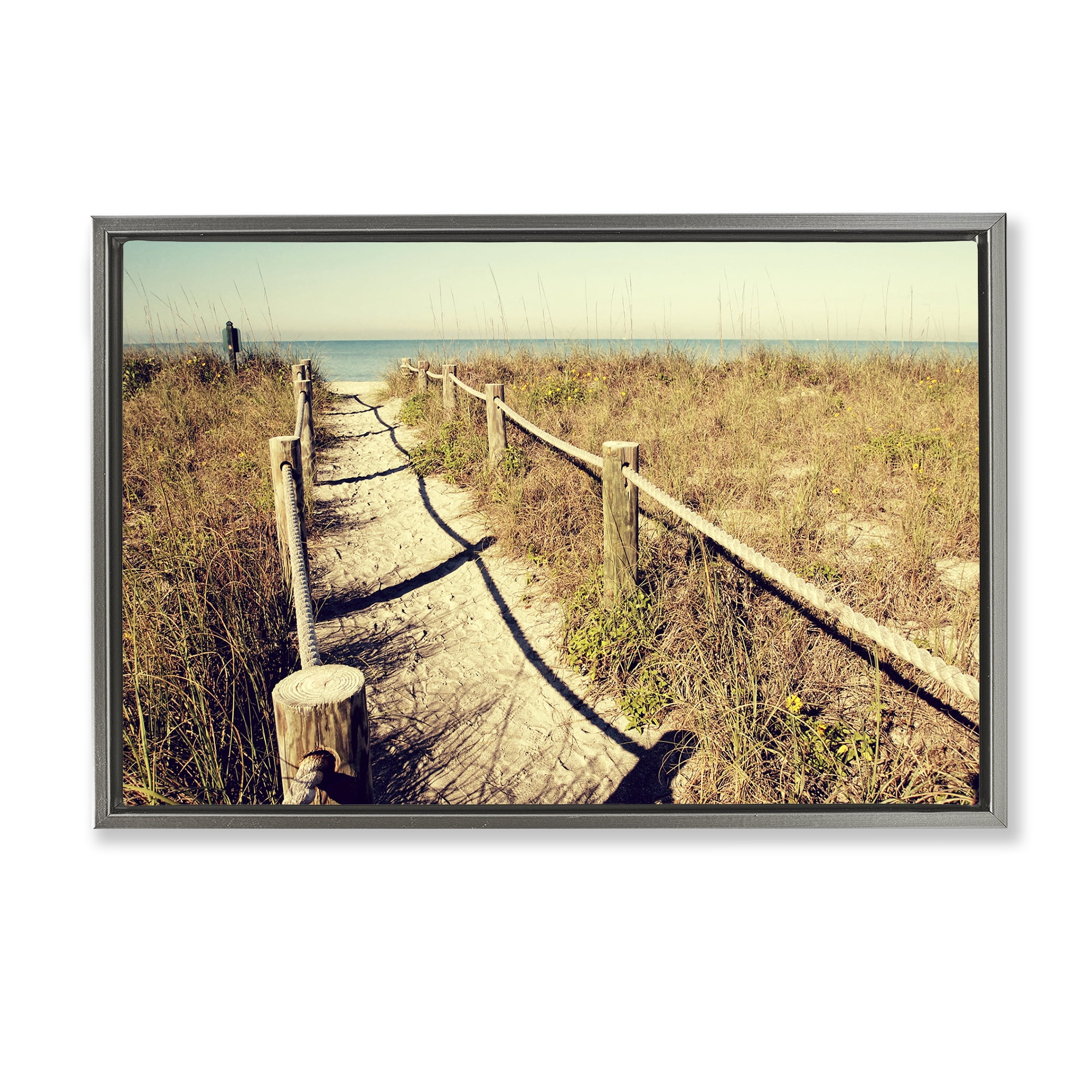 Stupell Industries Sandy Path Railing Landscape & Nature Photography Gray Floater Framed Canvas Art Print Wall Art, 31 x 21