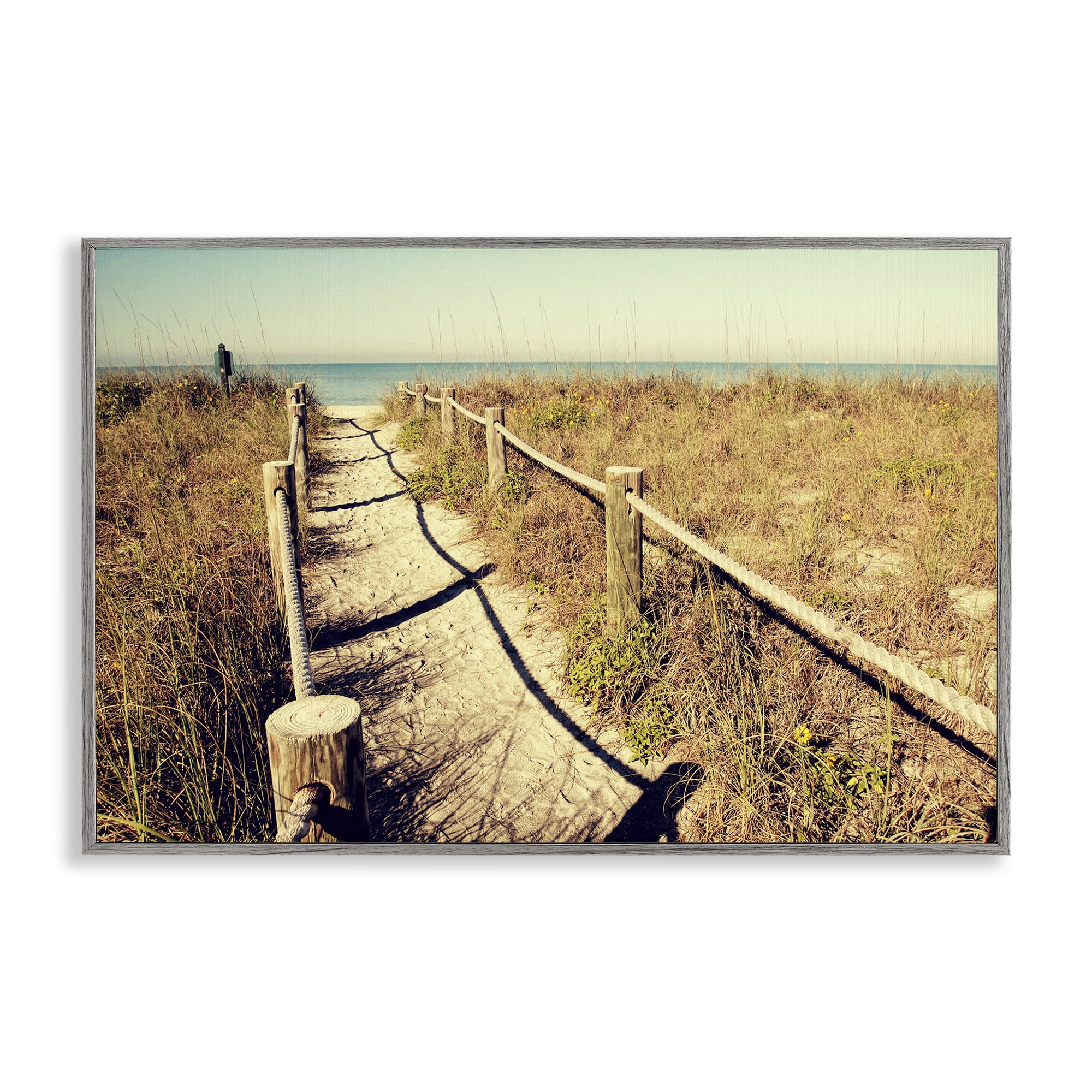 Stupell Industries Sandy Path Railing Landscape & Nature Photography Gray Framed Art Print Wall Art, 24 x 16