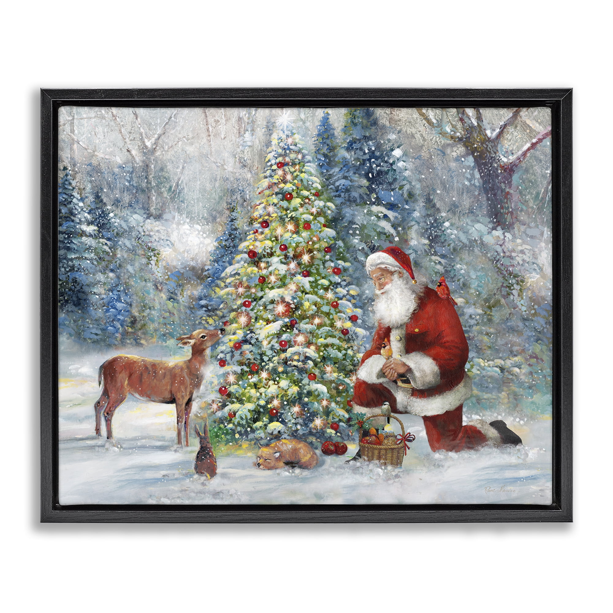 Stupell Industries Santa & Baby Deer Holiday Painting Black Floater Framed Canvas Art Prints Wall Art, 31 x 25