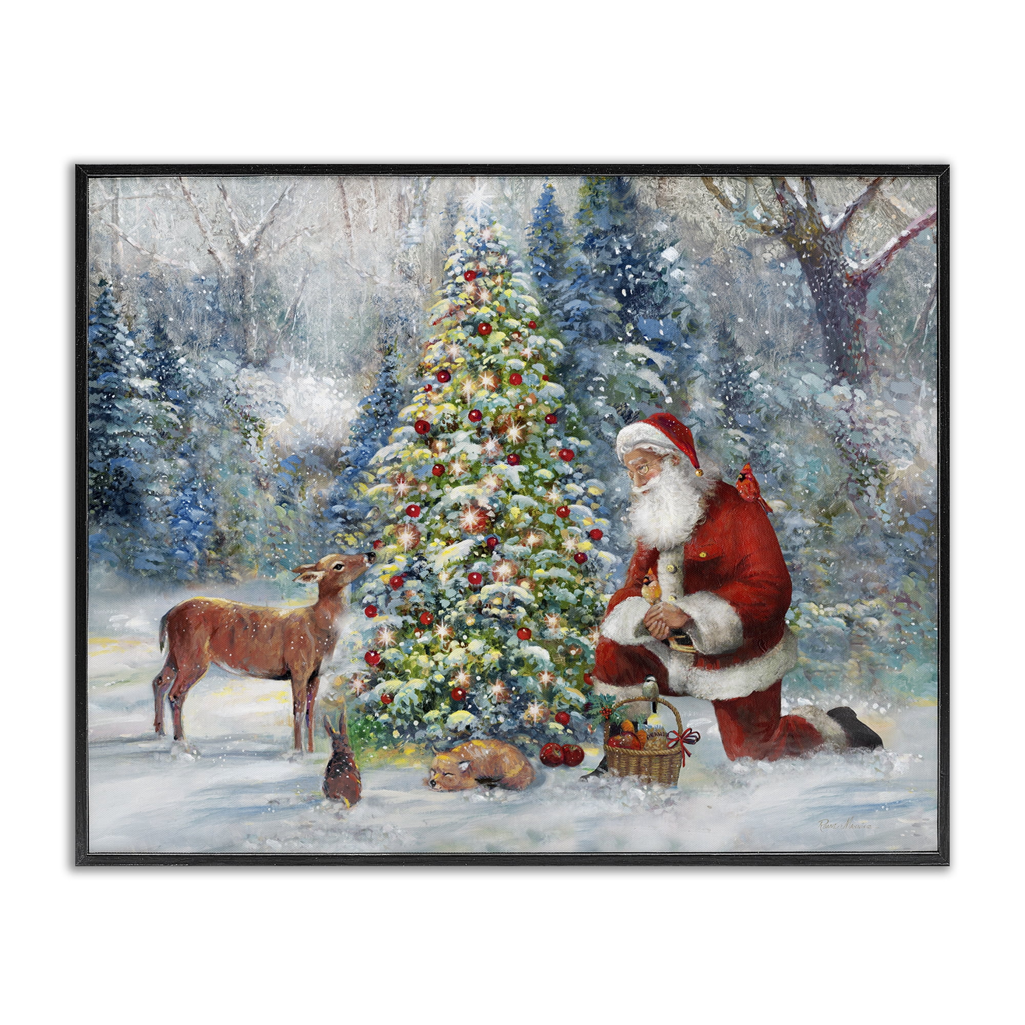 Stupell Industries Santa & Baby Deer Holiday Painting Black Framed Art Prints Wall Art, 20 x 16