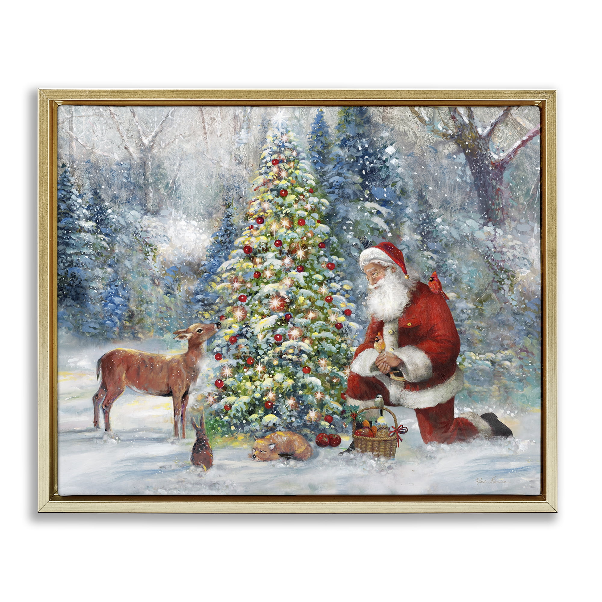 Stupell Industries Santa & Baby Deer Holiday Painting Gold Floater Framed Canvas Art Prints Wall Art, 31 x 25