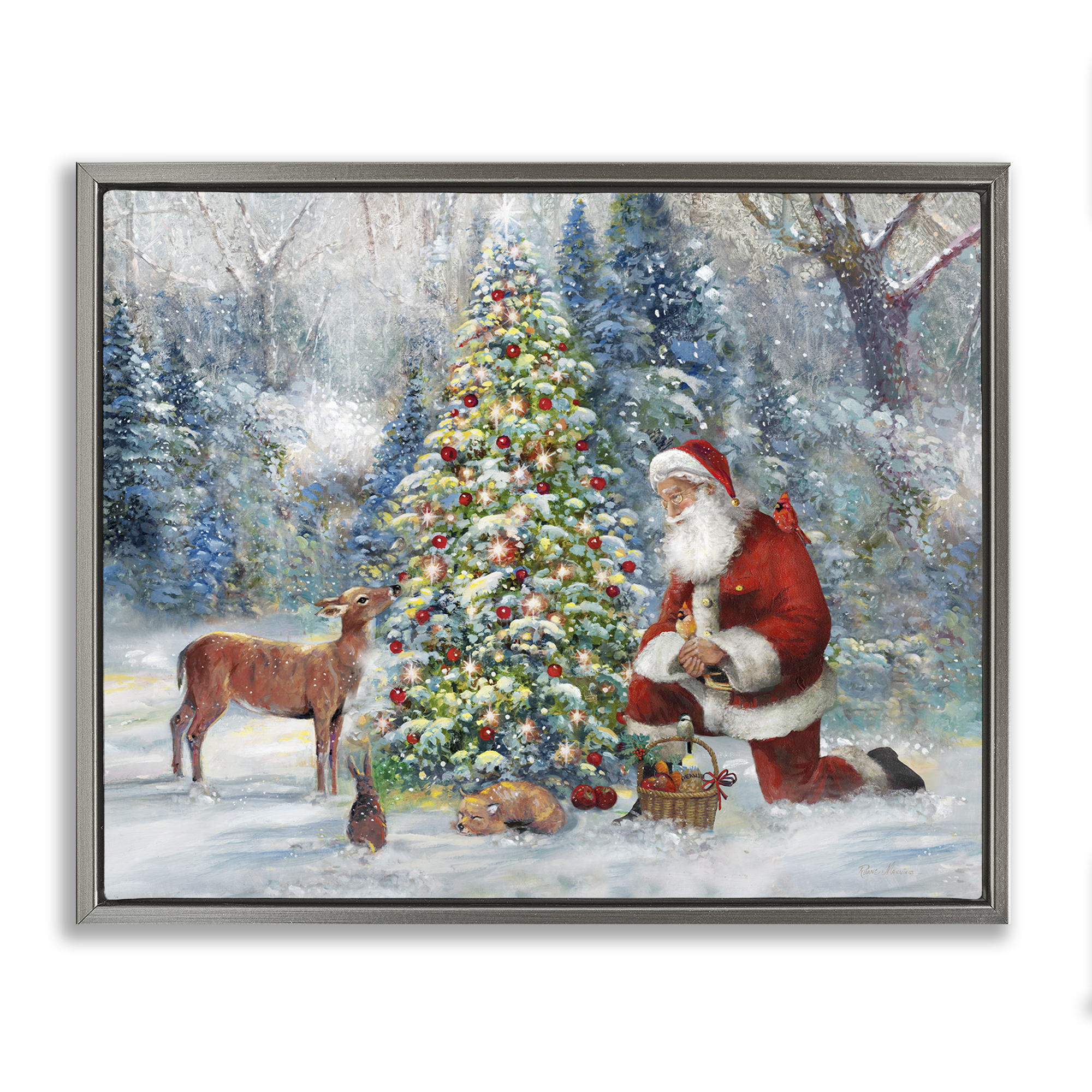Stupell Industries Santa & Baby Deer Holiday Painting Gray Floater Framed Canvas Art Prints Wall Art, 21 x 17