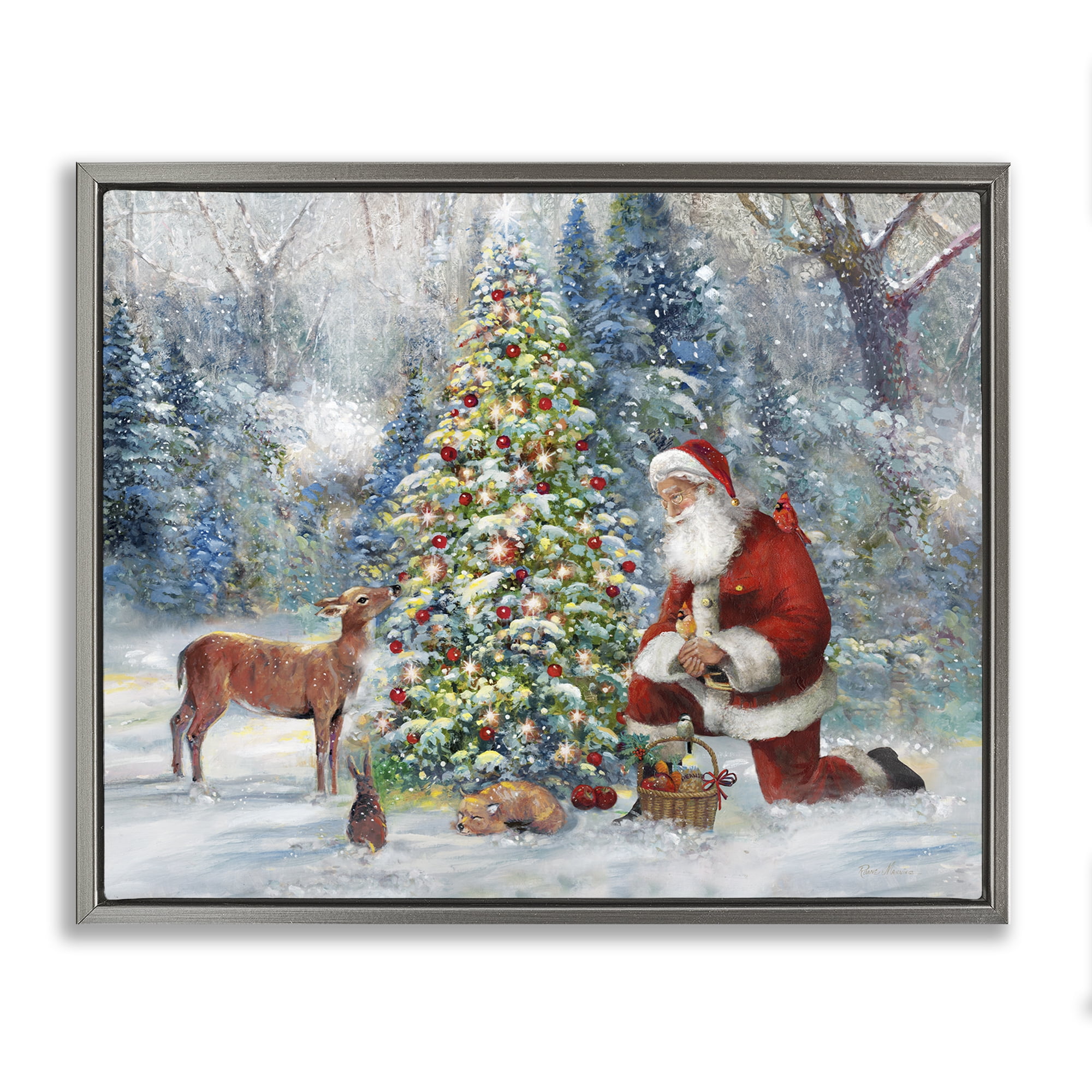 Stupell Industries Santa & Baby Deer Holiday Painting Gray Floater Framed Canvas Art Prints Wall Art, 31 x 25