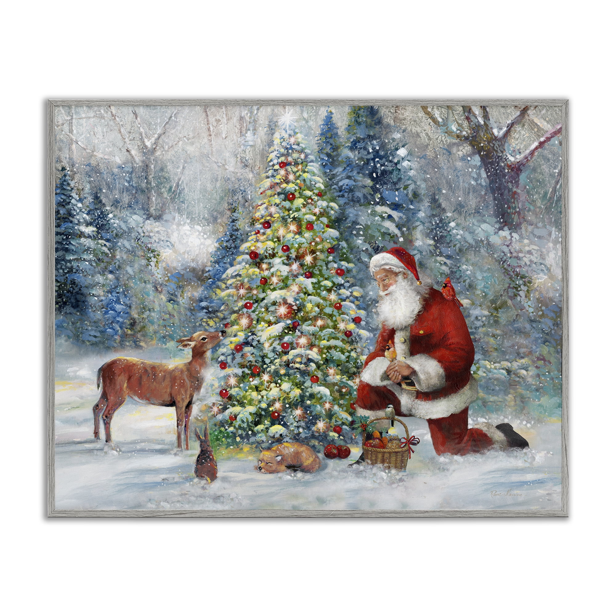 Stupell Industries Santa & Baby Deer Holiday Painting Gray Framed Art Prints Wall Art, 30 x 24