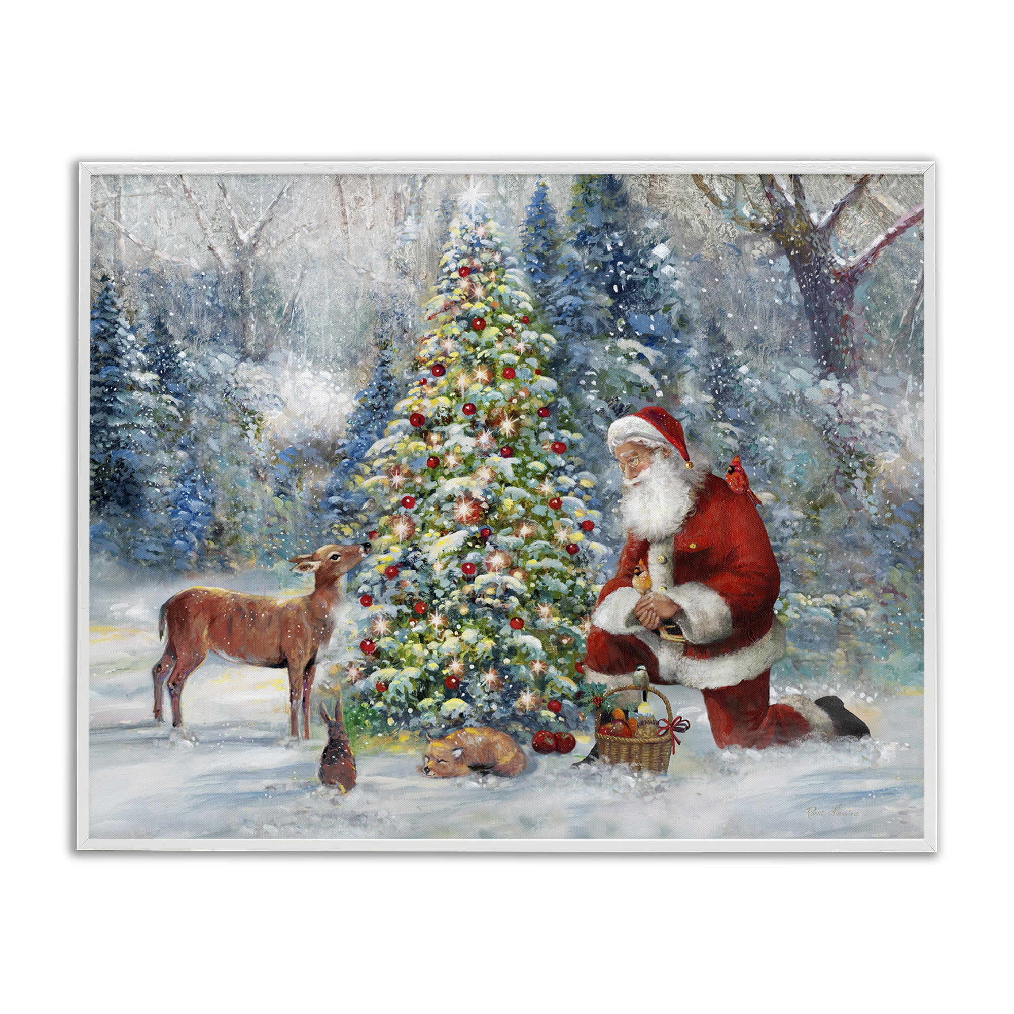 Stupell Industries Santa & Baby Deer Holiday Painting White Framed Art Prints Wall Art, 14 x 11