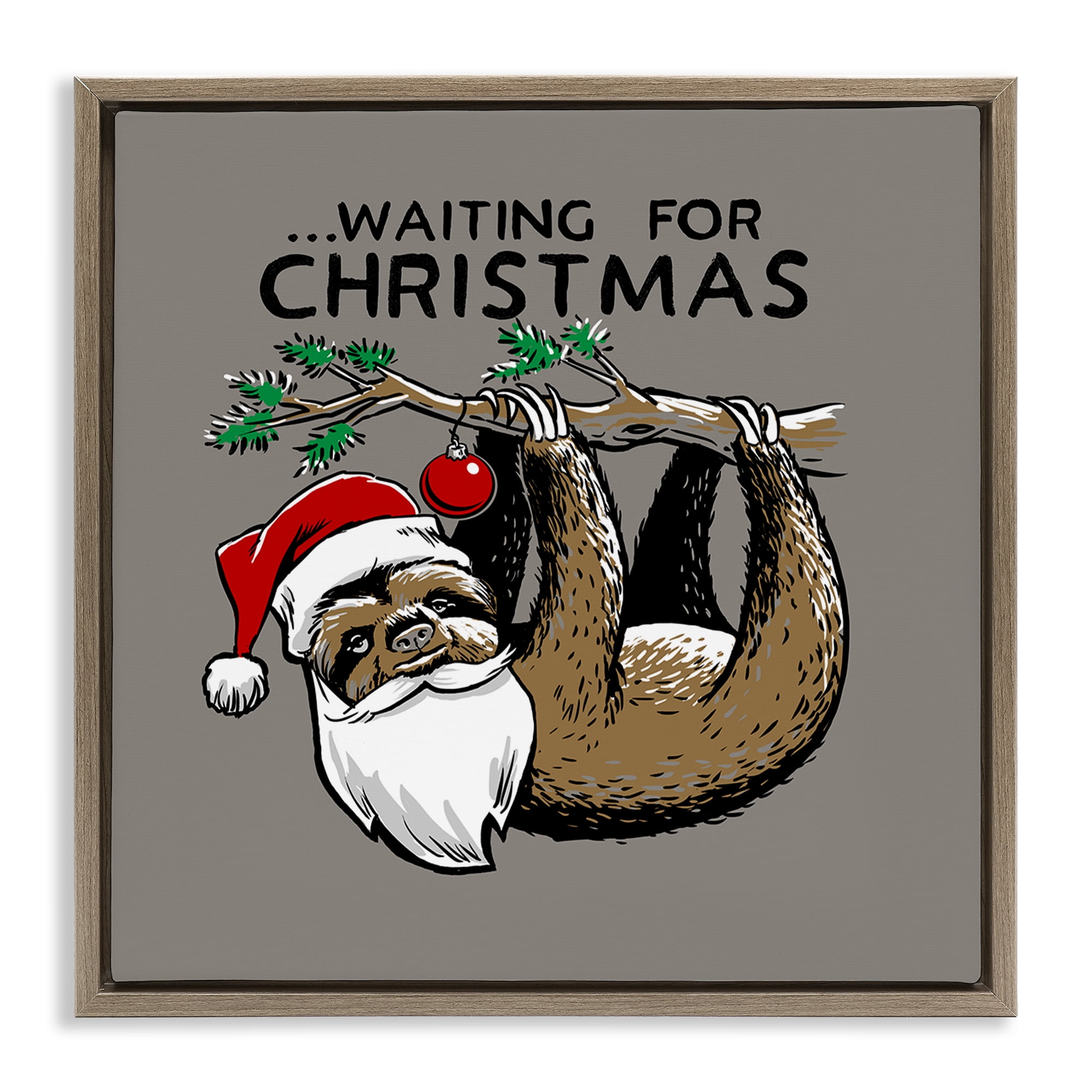 Stupell Industries Santa Christmas Sloth Holiday Painting Brown Floater Framed Canvas Art Prints Wall Art, 18 x 18