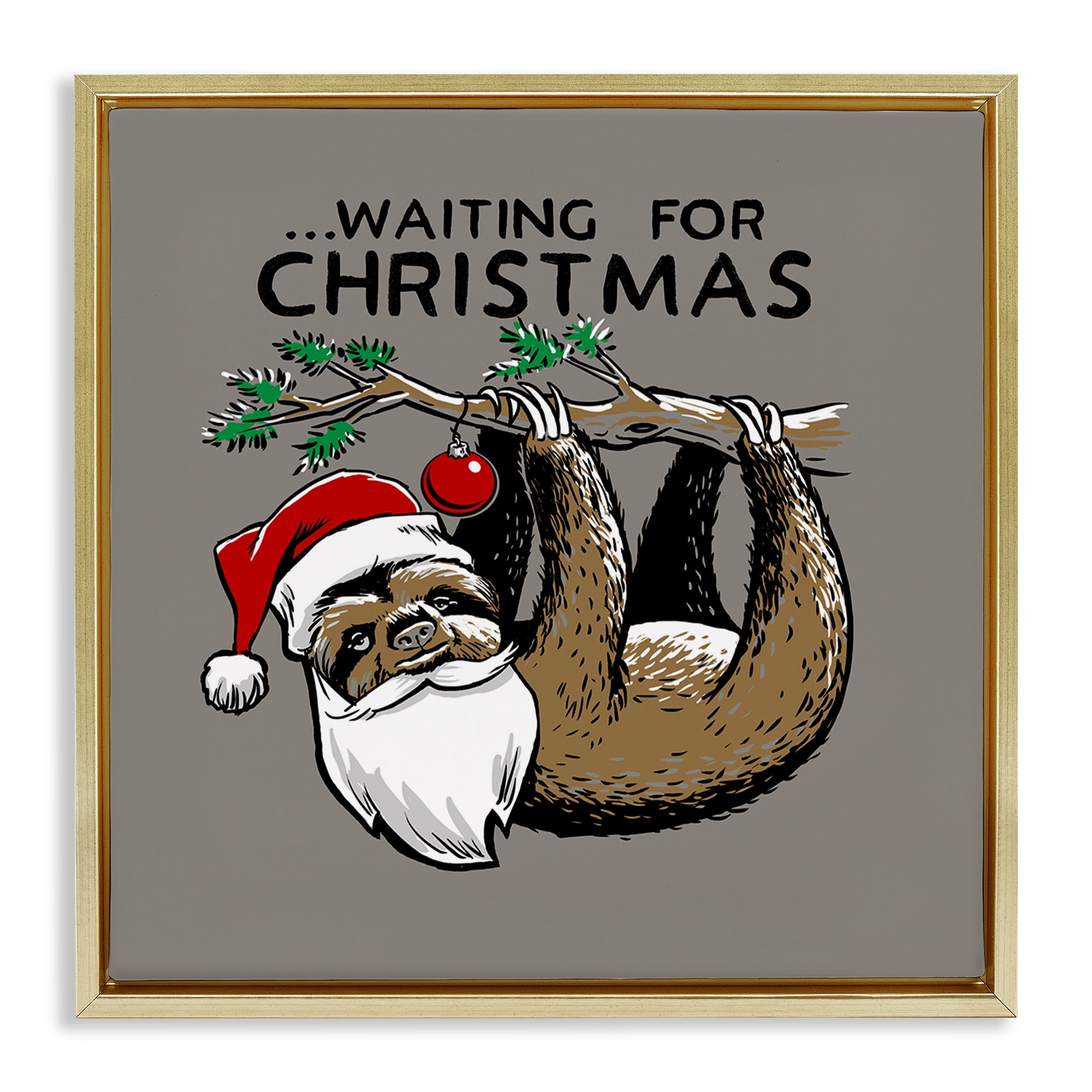 Stupell Industries Santa Christmas Sloth Holiday Painting Gold Floater Framed Canvas Art Prints Wall Art, 18 x 18