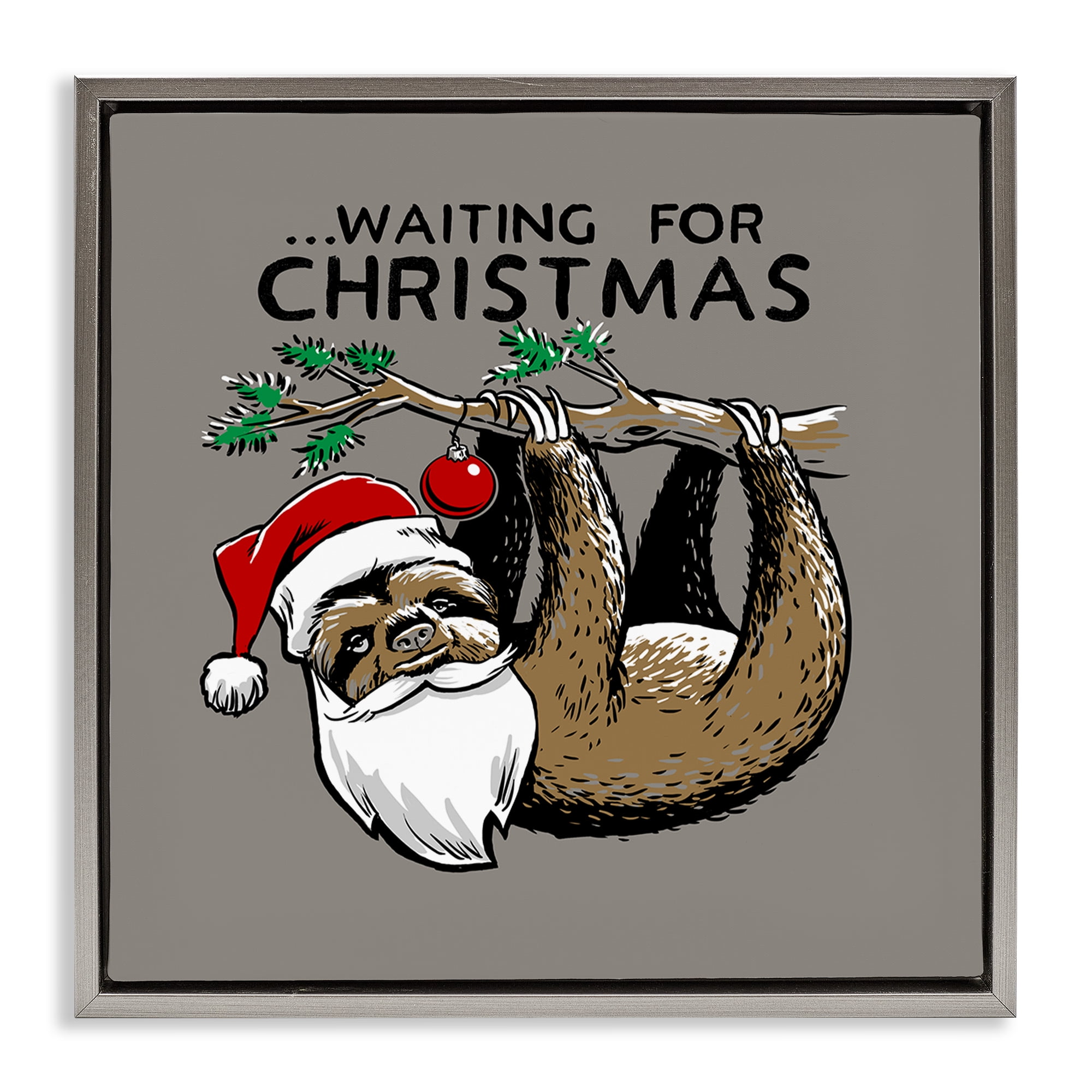 Stupell Industries Santa Christmas Sloth Holiday Painting Gray Floater Framed Canvas Art Prints Wall Art, 25 x 25